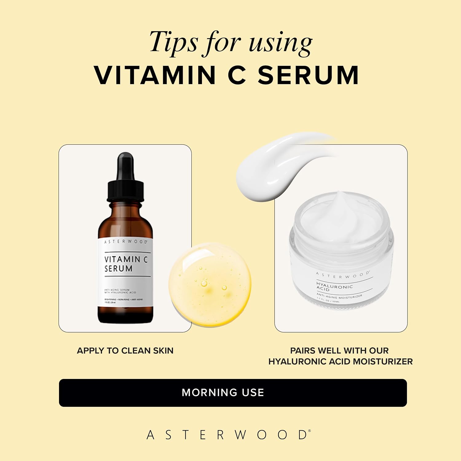 Asterwood Vitamin C Serum for Face with Hyaluronic Acid 1 Fl Oz | Stable Vitamin C (MAP) & Vegan Hyaluronic Acid, Supports More Even Complexion & Collagen Production, Fragrance-Free