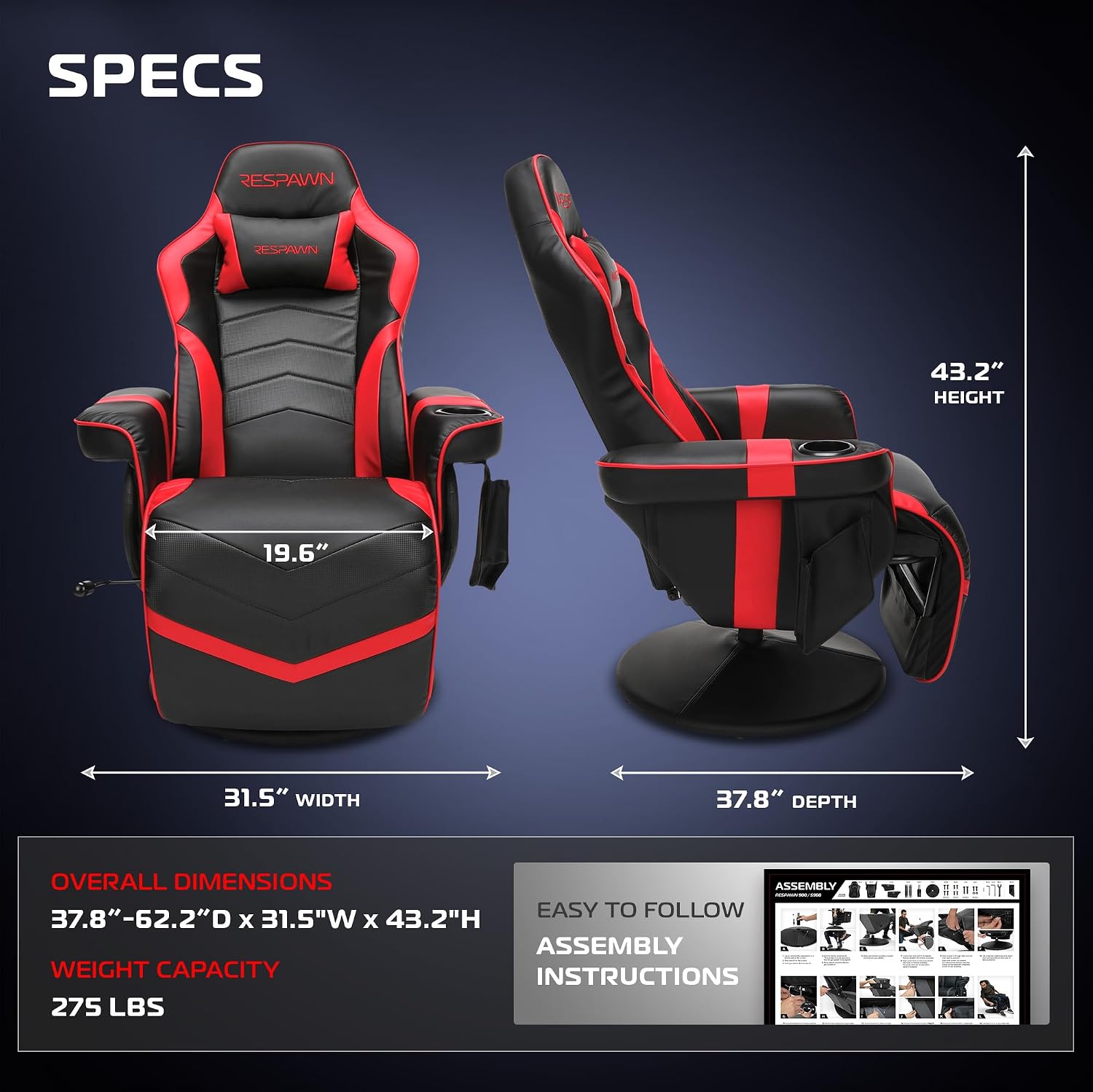 Respawn 900 Gaming Recliner Chair with Footrest, Cup Holder and Swivel