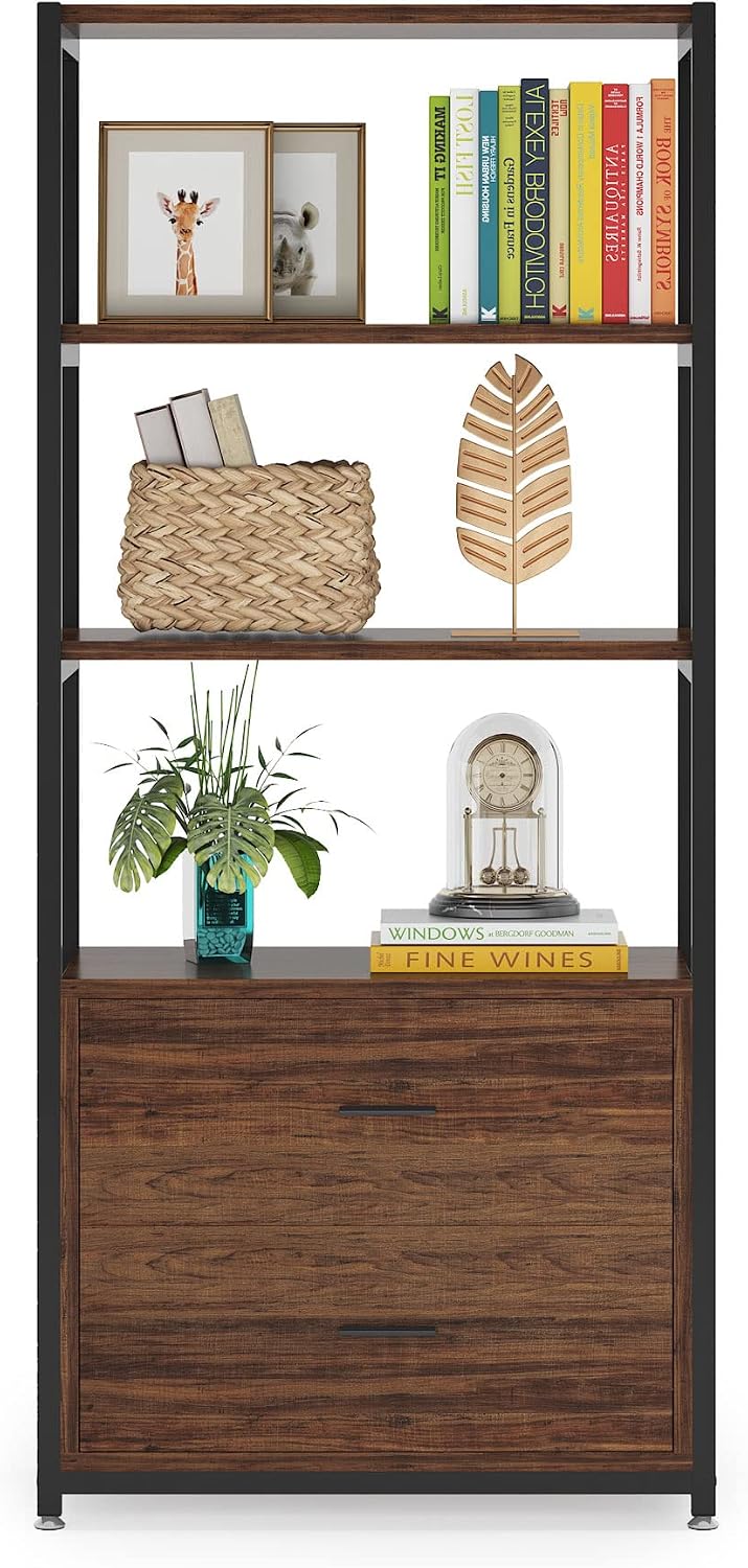 Tribesigns 4-Tier Bookcase Bookshelf with 2 Drawers (Rustic)