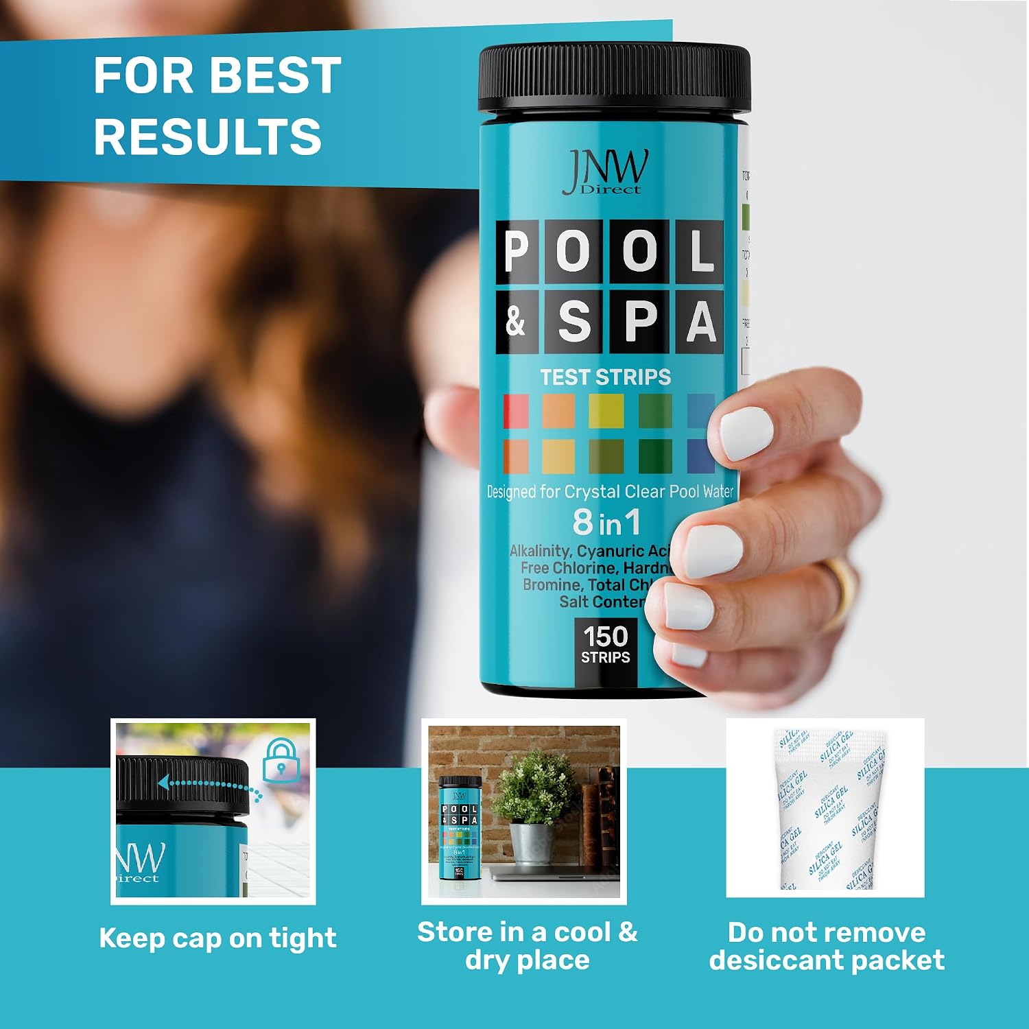 Pool Test Strips for Pools and Spas - 7 in 1 Water Test 100 Pack | Includes 100 pool test strips that measure chlorine, bromine, pH, alkalinity, hardness and cyanuric acid in 30 seconds.