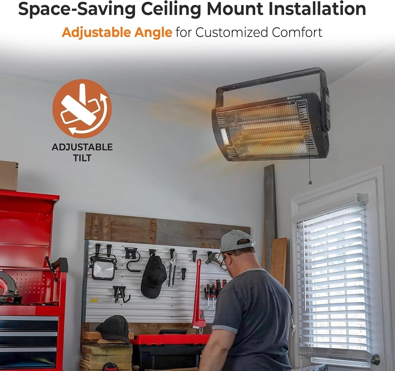 Comfort Zone 1500W Ceiling Mounted Dual Quartz Radiant Heater – Infrared Workshop Heater with 90° Adjustable Tilt