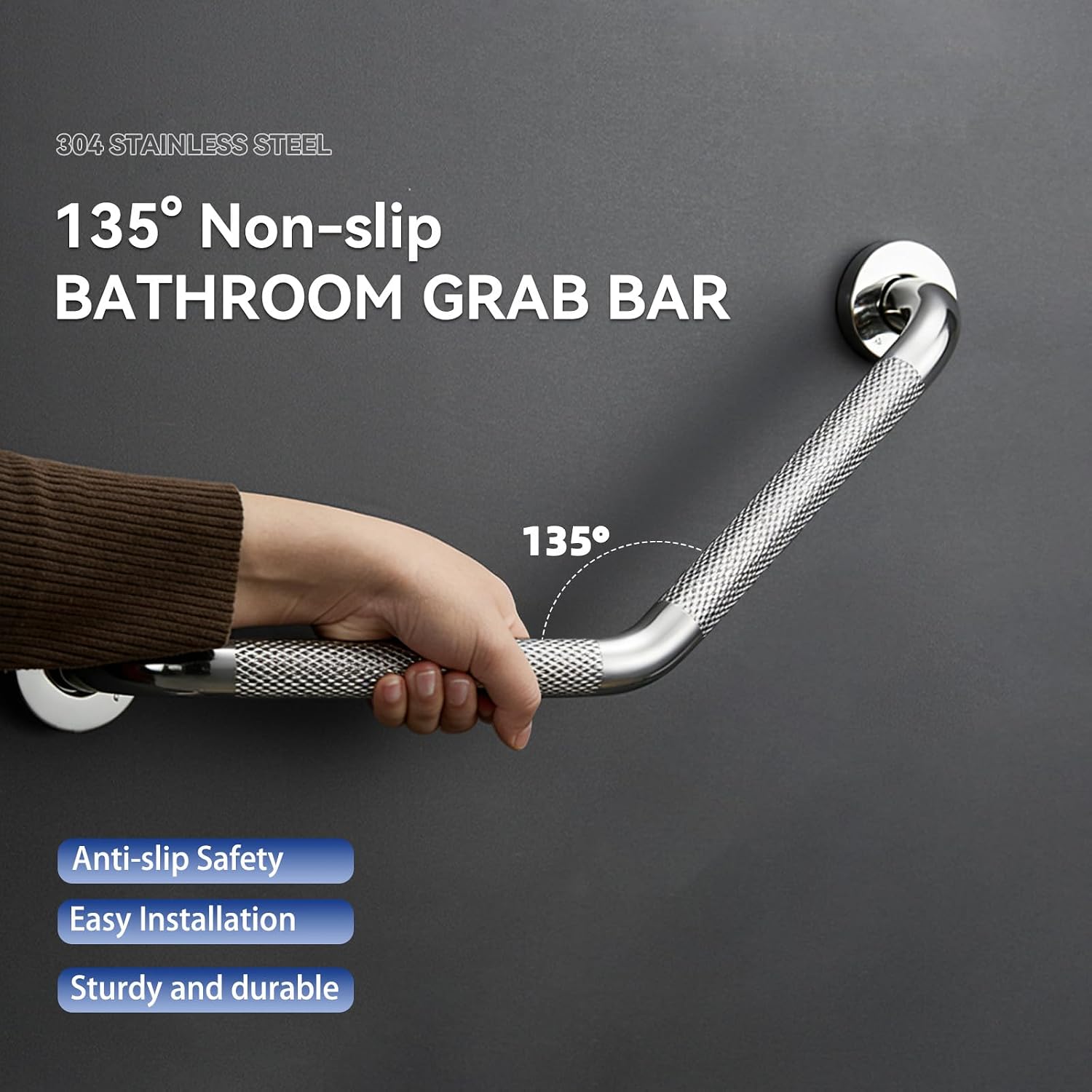 20 Inch Bathroom Grab Bar, Satin Brushed Nickel Angled Grab Bar with Anti-Slip Knurled Grip, Stainless Steel Bath Balance Bar, 1.0" Tube Safety Hand Rail Support, Handicap Elderly Assist Bath Handle