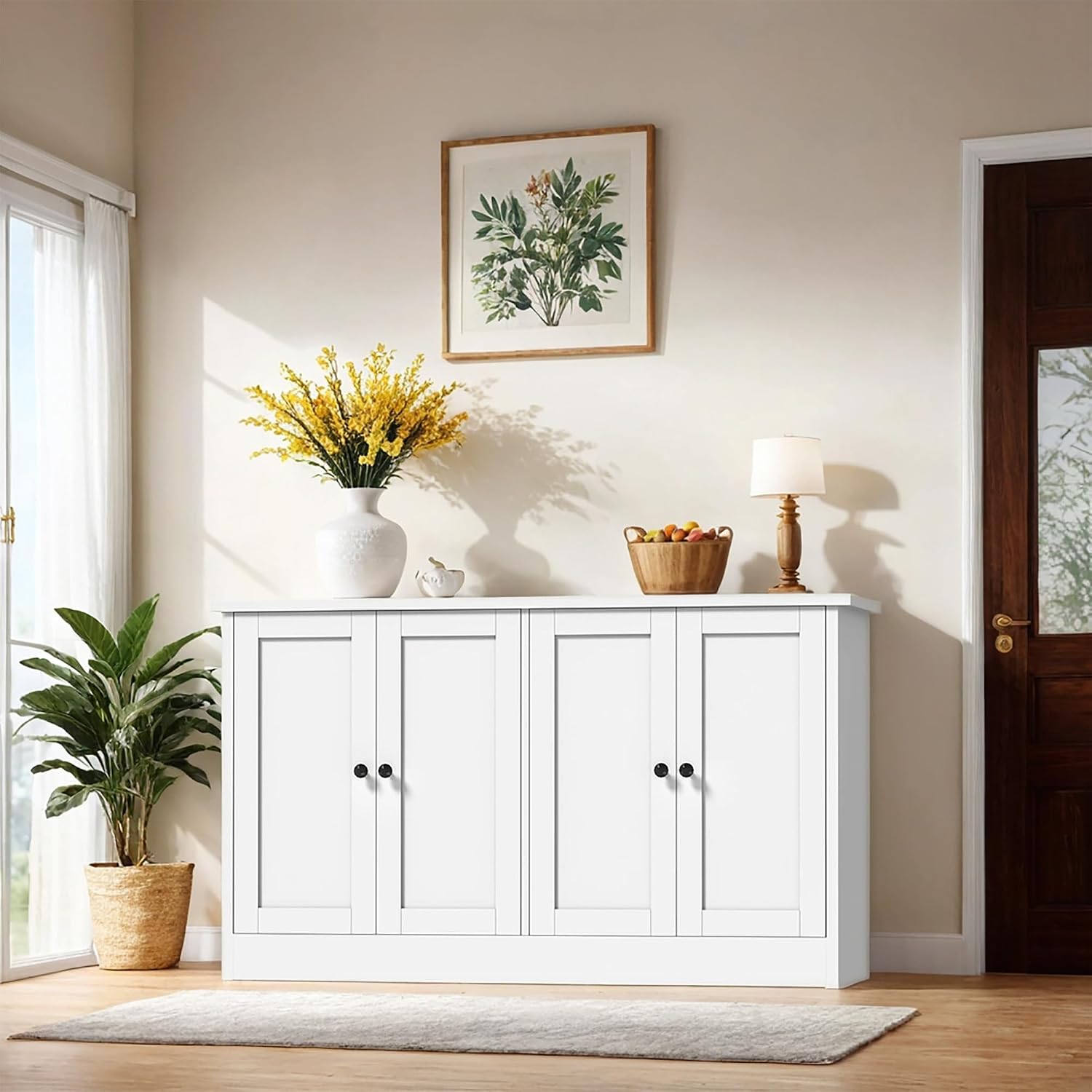 holzart White Buffet Cabinet with Storage, 49" Modern Kitchen Sideboard with 4 Doors & Adjustable Shelves, Wood Coffee Bar Cabinet Console Table for Dining Room, Living Room, Entryway