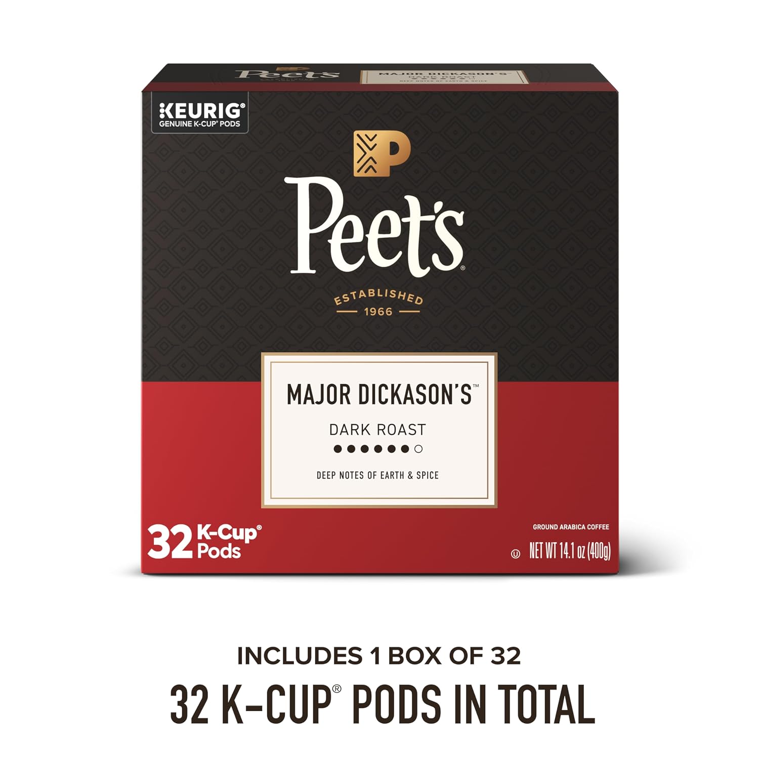 Peet's Coffee, Dark Roast Keurig K-Cup Pods, 100% Arabica Coffee - Major Dickason's Blend 32 Count (1 Box of 32 K-Cup Pods)