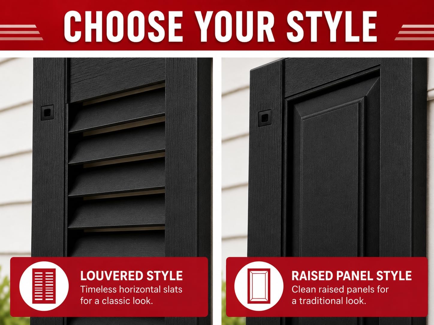 9" x 27" Paintable Raised Panel Shed Shutters, 1 Pair | Paintable raised panel non-operable shutter pair for shed, playhouse and coop windows.