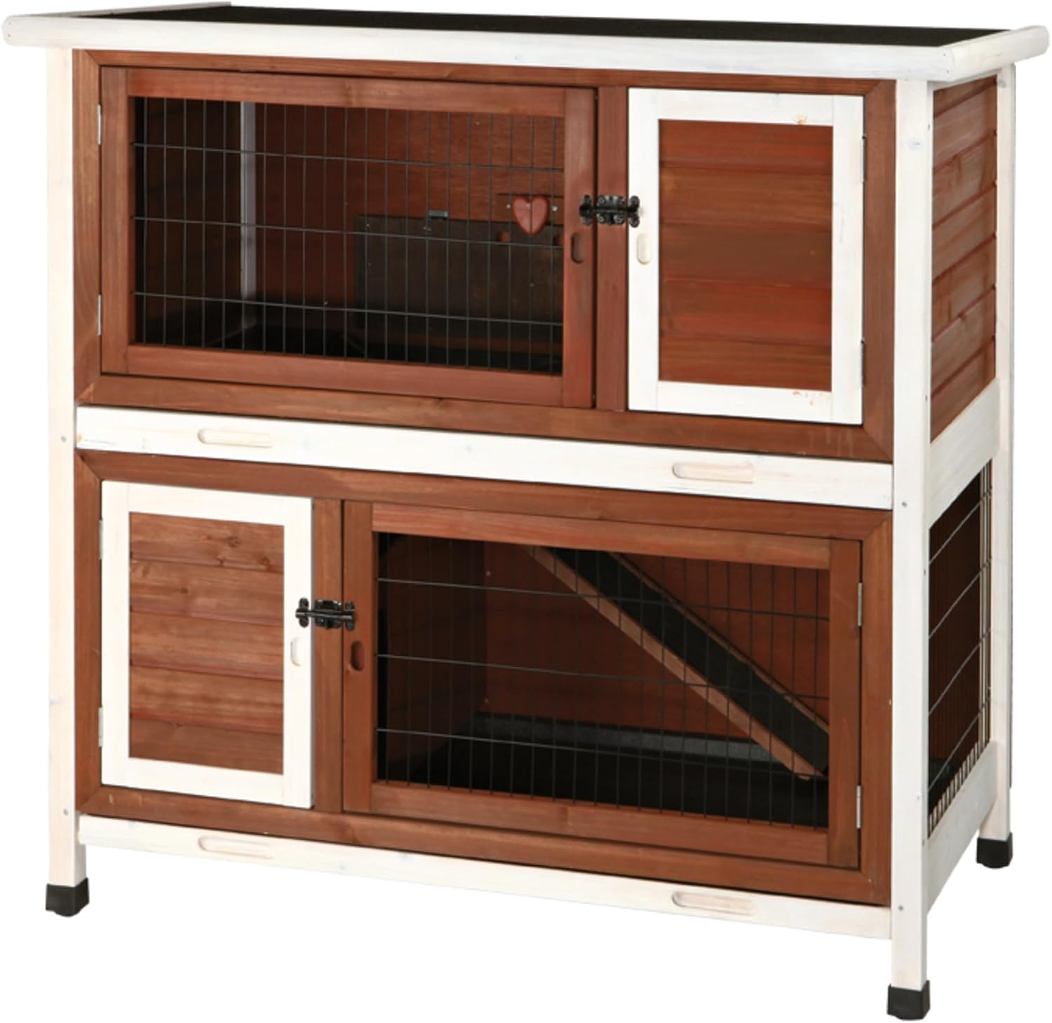 Trixie 2-Story Rabbit Hutch with Retreat Area, Non-Slip Ramp, Hinged Roof with Locking Arm, 4 Doors, 2 Metal Slide Latches, and Pull-Out Trays for Easy Cleaning