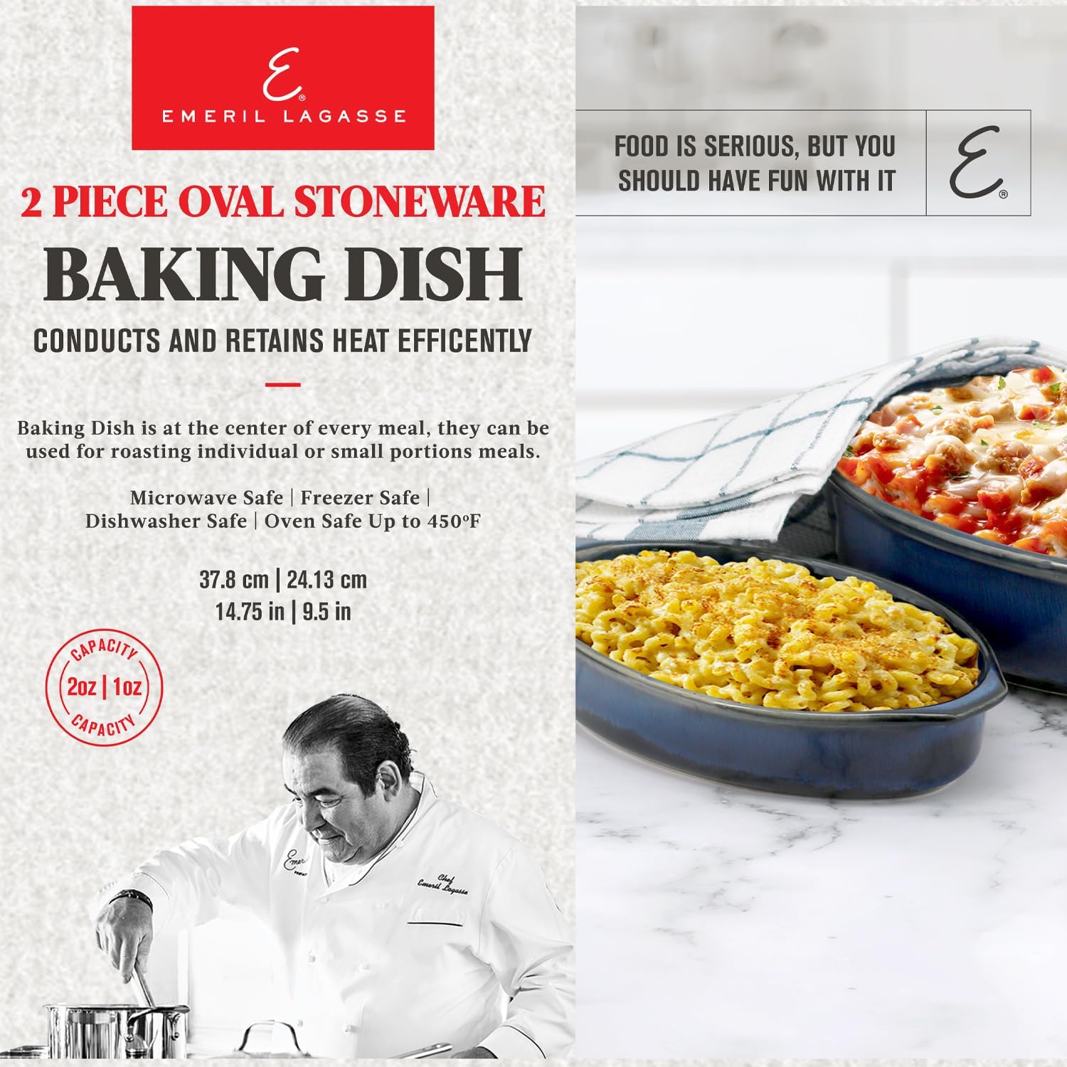 Emeril Lagasse 2-Piece Oval Stoneware Baking Dish Set - Versatile 1 & 2 Qt, for Baking, Perfect Casseroles, Roasts, Cake, Lasagna Pan, Microwave, Oven