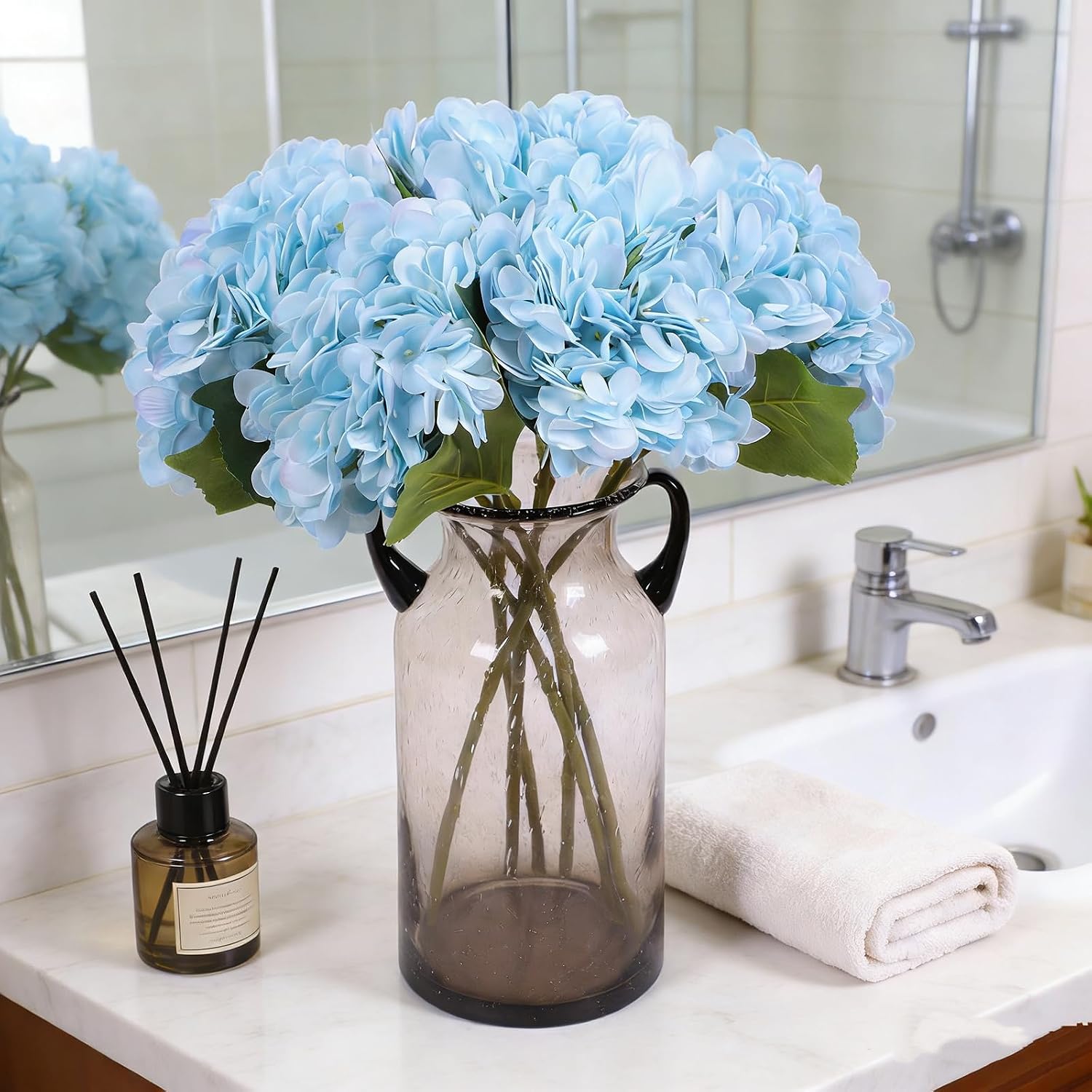 Kimura's Cabin 6pcs Silk Hydrangeas Artificial Flowers,Deep Lake Blue