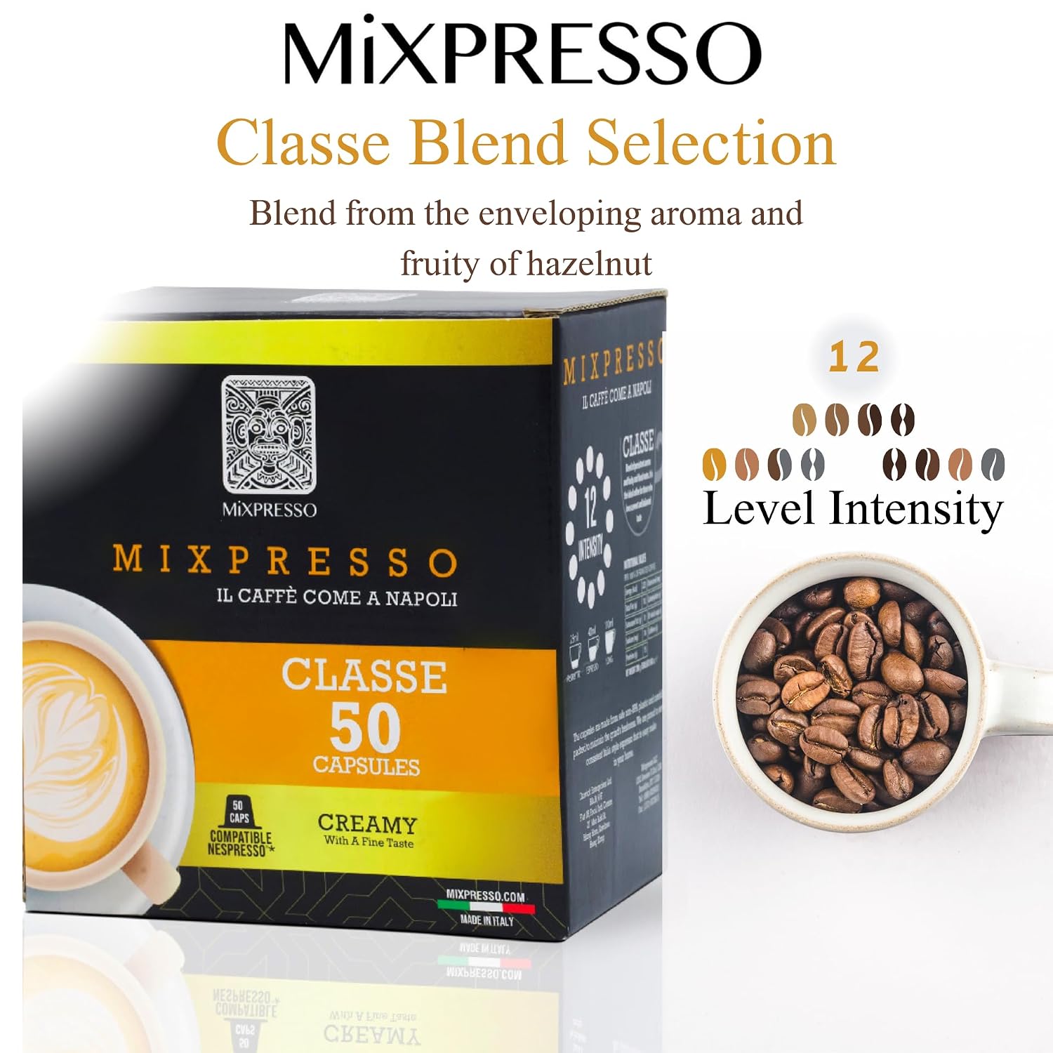 Mixpresso Classe Coffee Espresso Capsules Compatible With Nespresso Original Brewers, Single Cup Coffee Pods 100% from Italy, Medium Roast 80% Arabica Espresso, 50 Count Coffee Capsule Intensity 8/12 | 50 Count Single Cup Coffee Pods Compatible With Nesp…