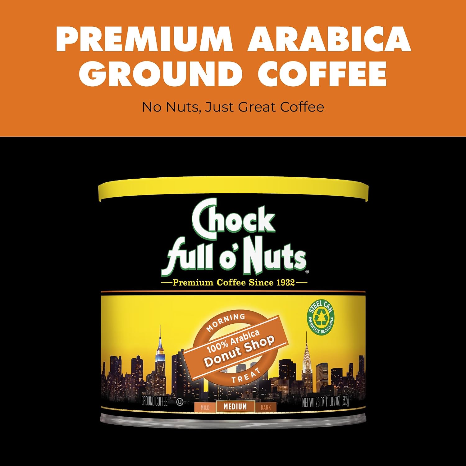 Chock Full o' Nuts French Roast Ground Coffee – Premium Beans in Recyclable Steel Can – Rich Flavor & Aroma, Dark Roast – Perfect for Drip, Pour-Over, Percolator – 26 Oz Can