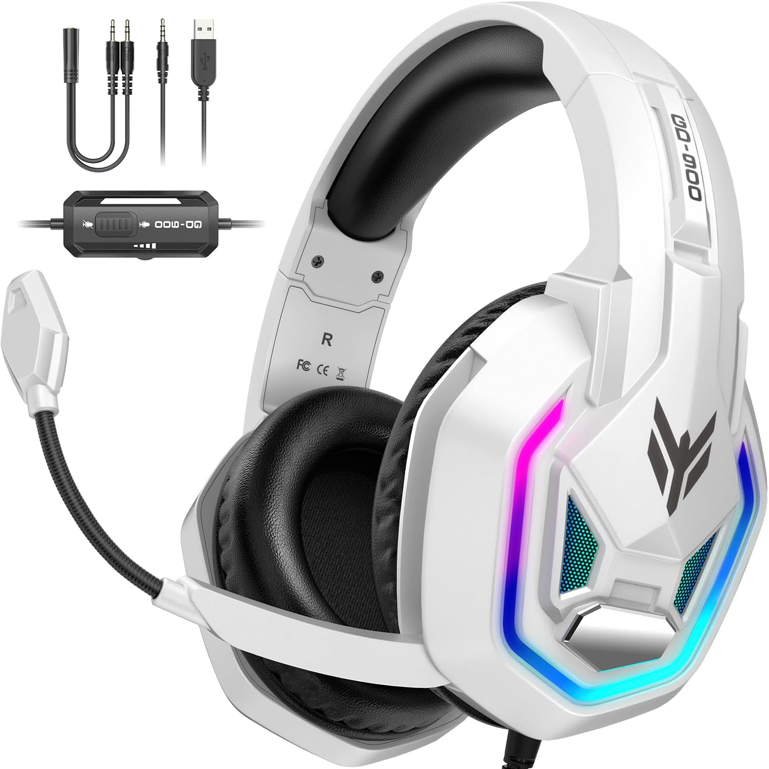 YPBDAN RGB Gaming Headset with Mic for PS5 PS4 Xbox Series X|S Xbox One PC | 7.1 Surround Sound, Noise Cancelling Mic, 50mm Drivers