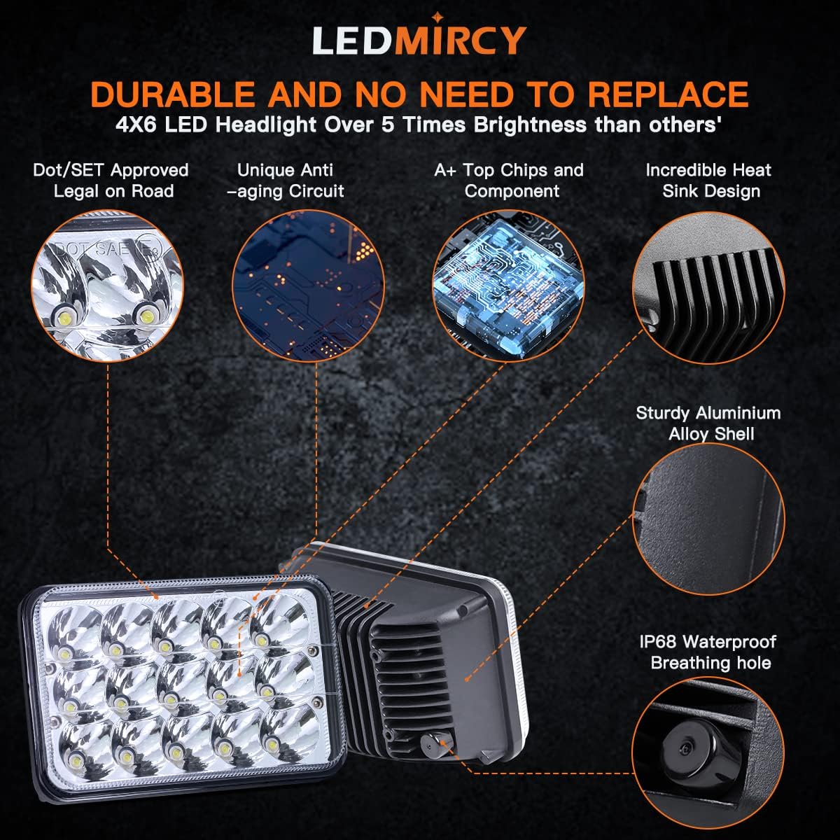 LEDMIRCY 5x7 LED Headlights, H6054 LED Headlights Hi/Lo Sealed Beam 2PCS