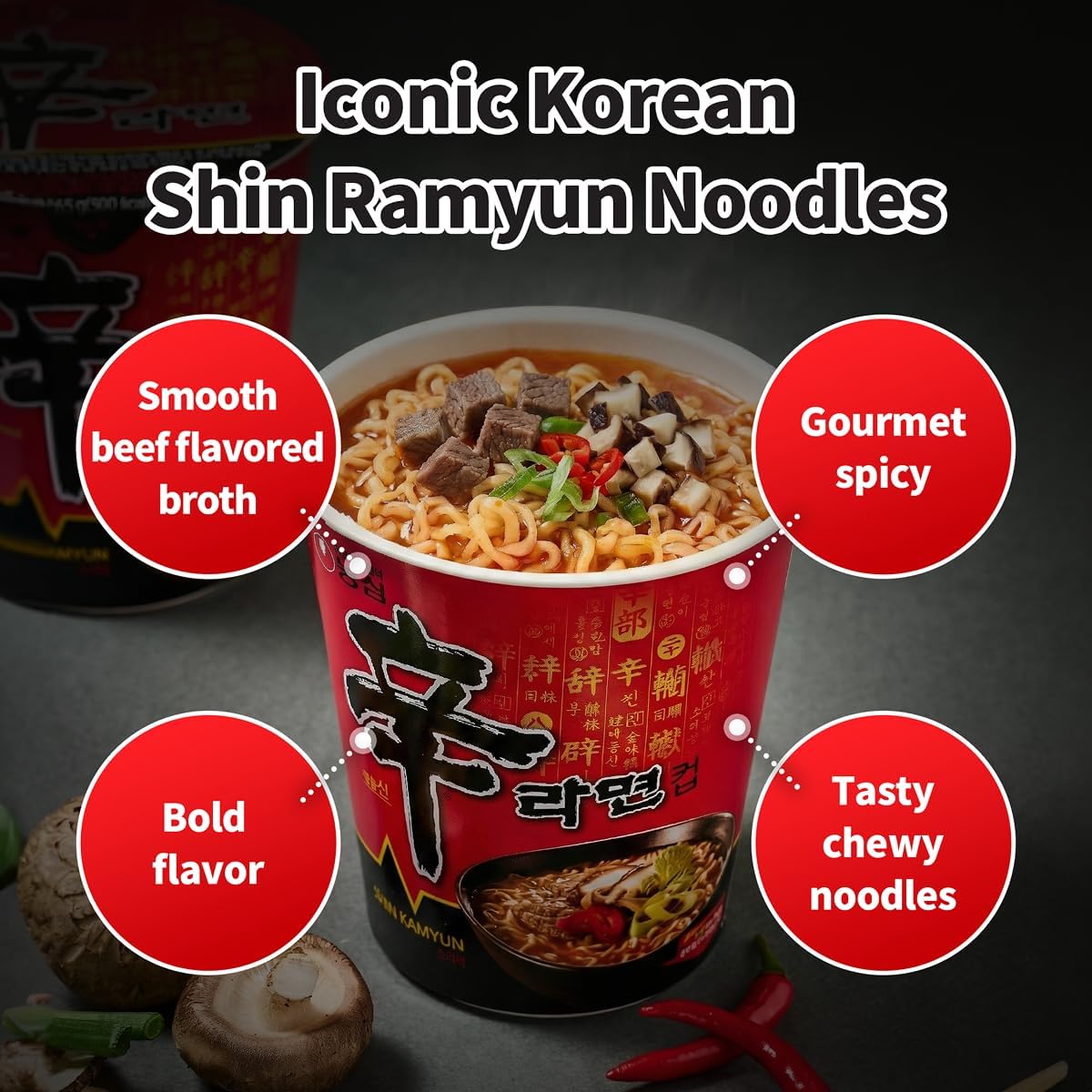 Nongshim Shin Ramyun Cup of Noodles, Spicy Signature Korean Instant Ramyun, Rich Beef Flavored Broth, Quick and Easy, Microwaveable Cup