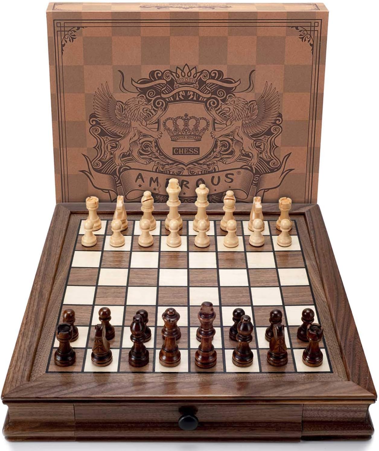 AMEROUS Magnetic Wooden Chess Set, 12.8" x 12.8" Walnut Chess Board Game with 2 Built-in Storage Drawers - 2 Bonus Extra Queens - Chess for Beginner