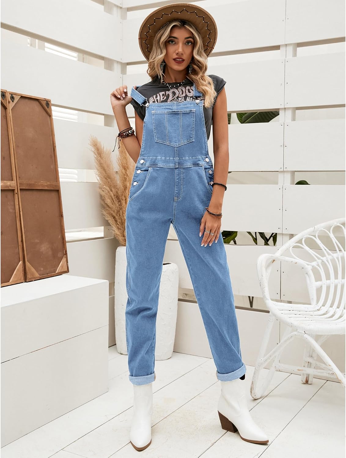 LookbookStore Denim Overalls for Women Dressy Stretch Bib Jean Jumpsuits