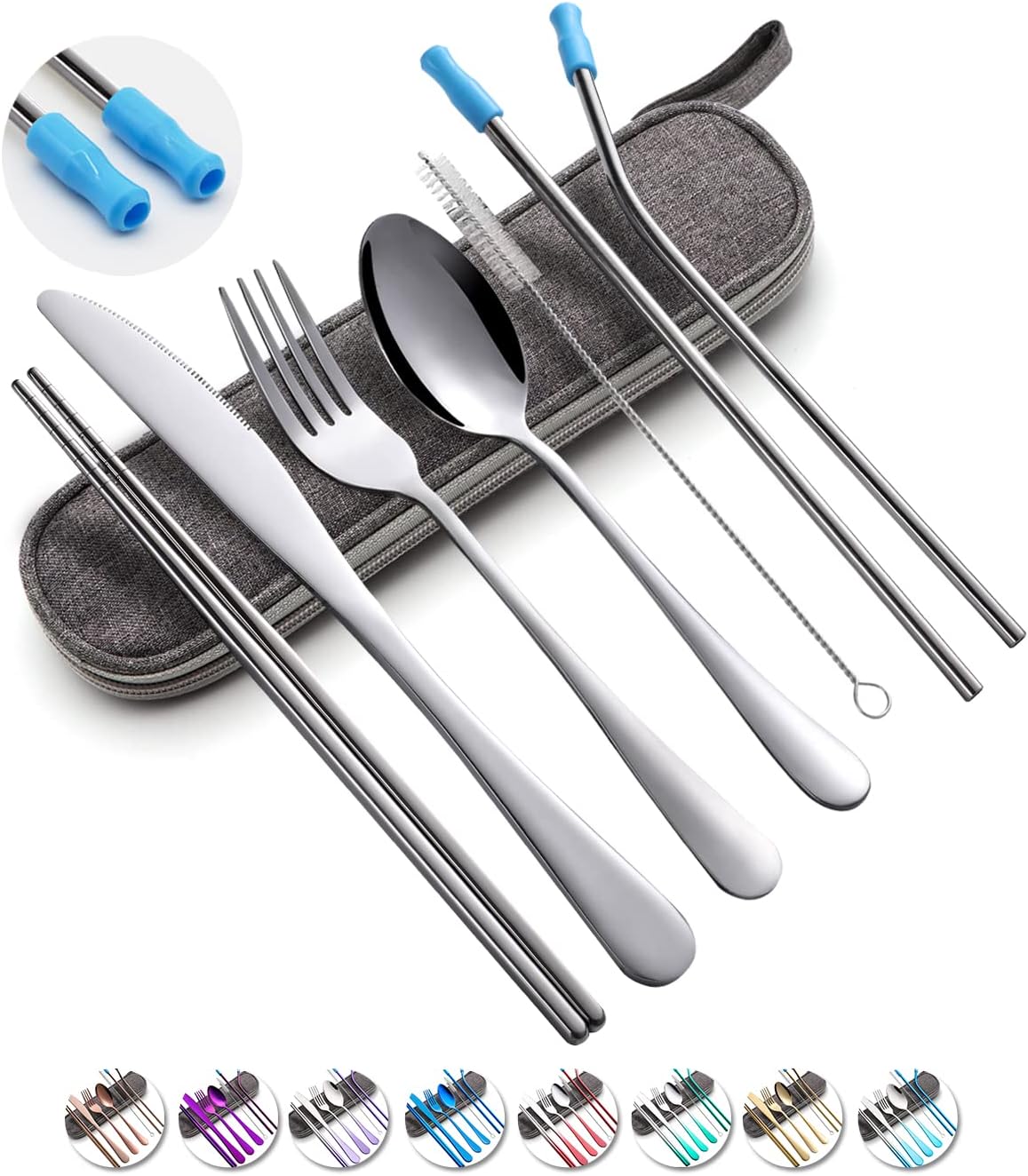 Travel Utensils Set with Case Reusable Portable Cutlery Set Stainless Steel 8pcs Including Dinner Knife Fork Spoon Chopsticks Straws(Rainbow)