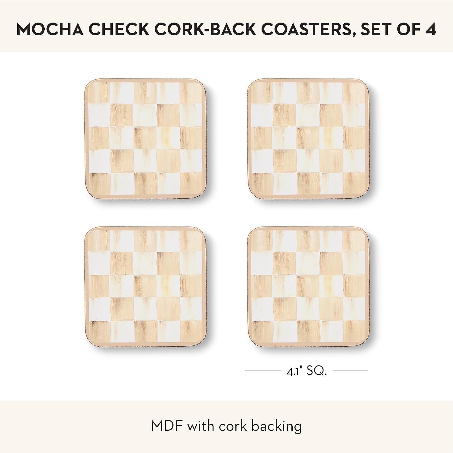 MACKENZIE-CHILDS Square Coasters Set, Black-and-White Courtly Check | Hand-painted design, made from MDF with a cork back, table coasters for drinks, 4" square, set of 4