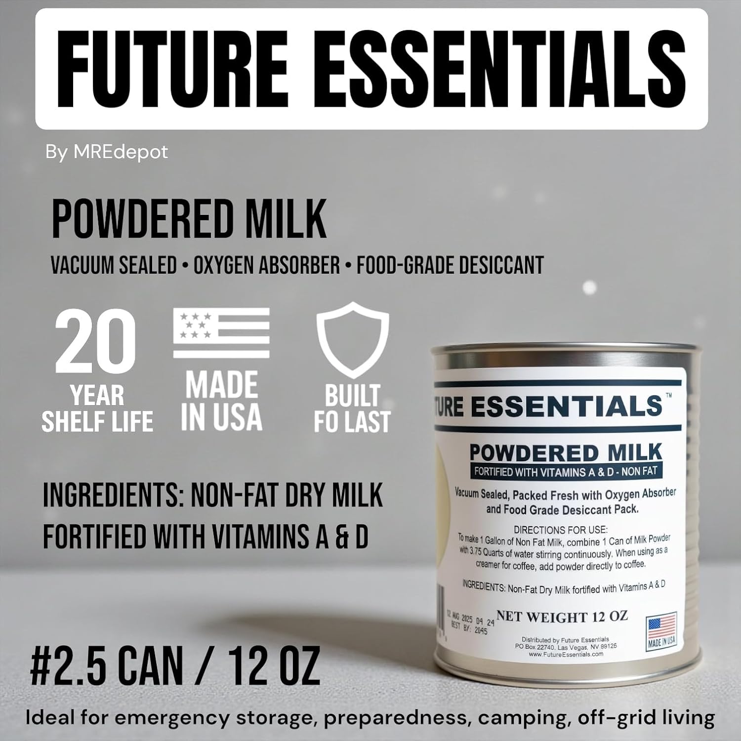 Future Essentials Canned Instant Nonfat Dry Milk Powder – 20-Year Shelf Life Non Fat Dry Powdered Milk with Vitamins A & D – Ideal for Emergency