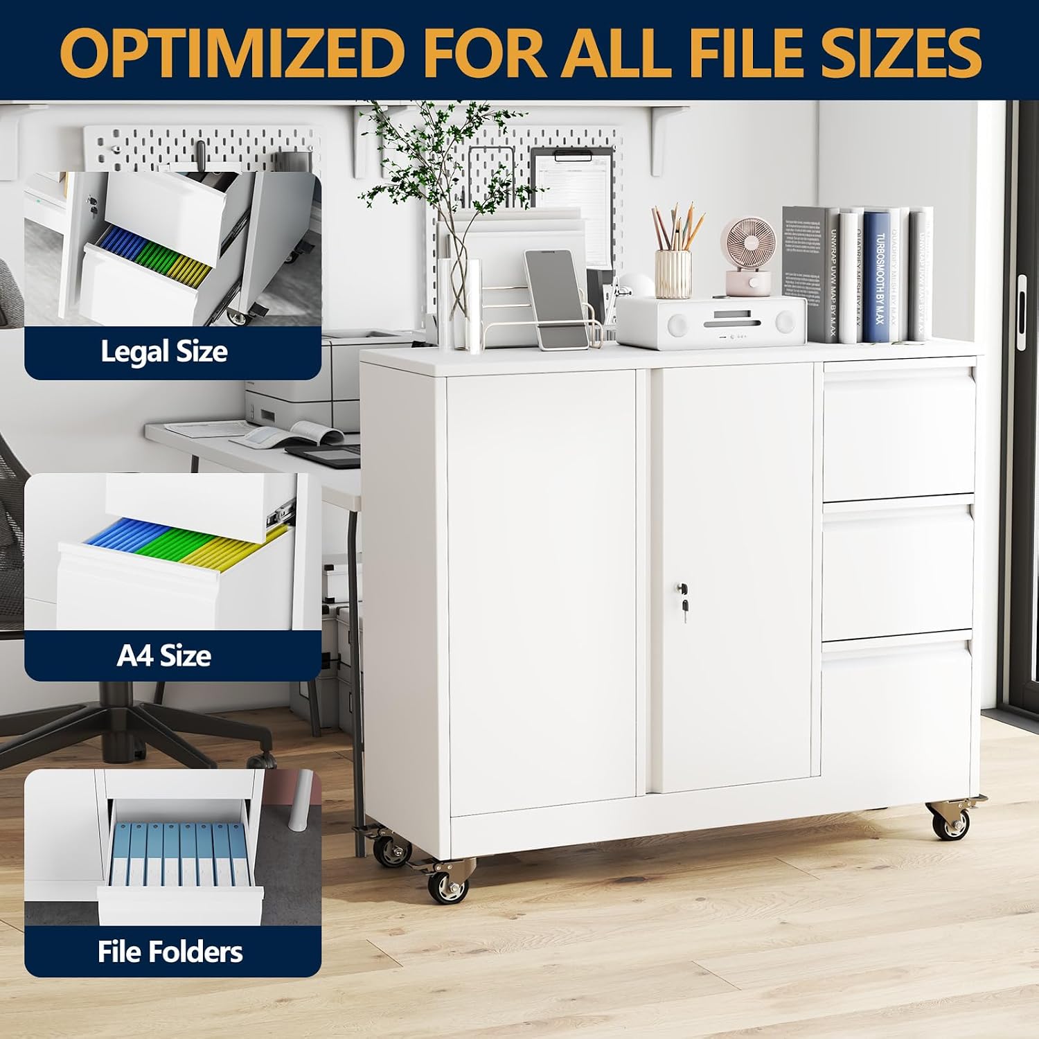 3 Drawer File Cabinet, Office Mobile Filing Cabinet, Printer Stand | All-in-One Office Storage, 3 Storage Drawers, 2 Adjustable Shelves, Lockable Cabinet, 4 Casters, 46.5-Inch Top