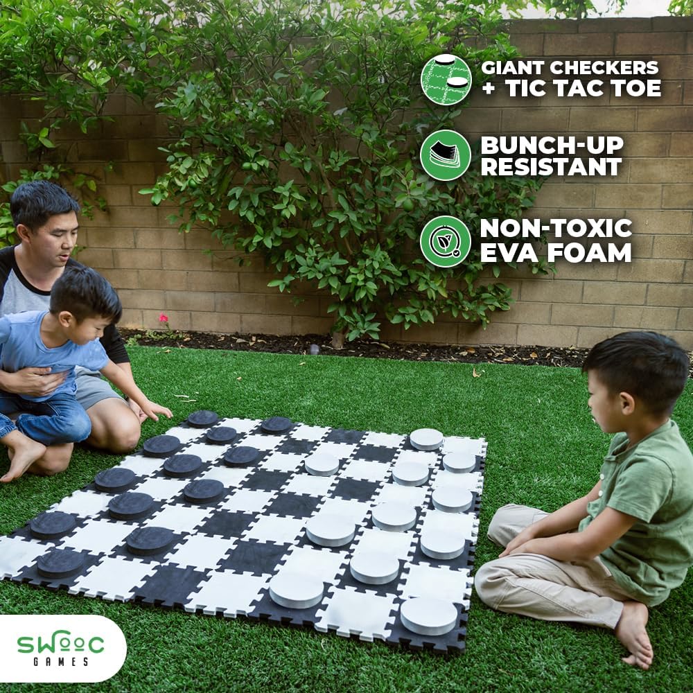 Swooc Games® - 2-in-1 Premium Giant Checkers & Tic Tac Toe Game (4ft x 4ft) - 100% High Density EVA Foam Mat & Pieces - Extra Large Checkers Set