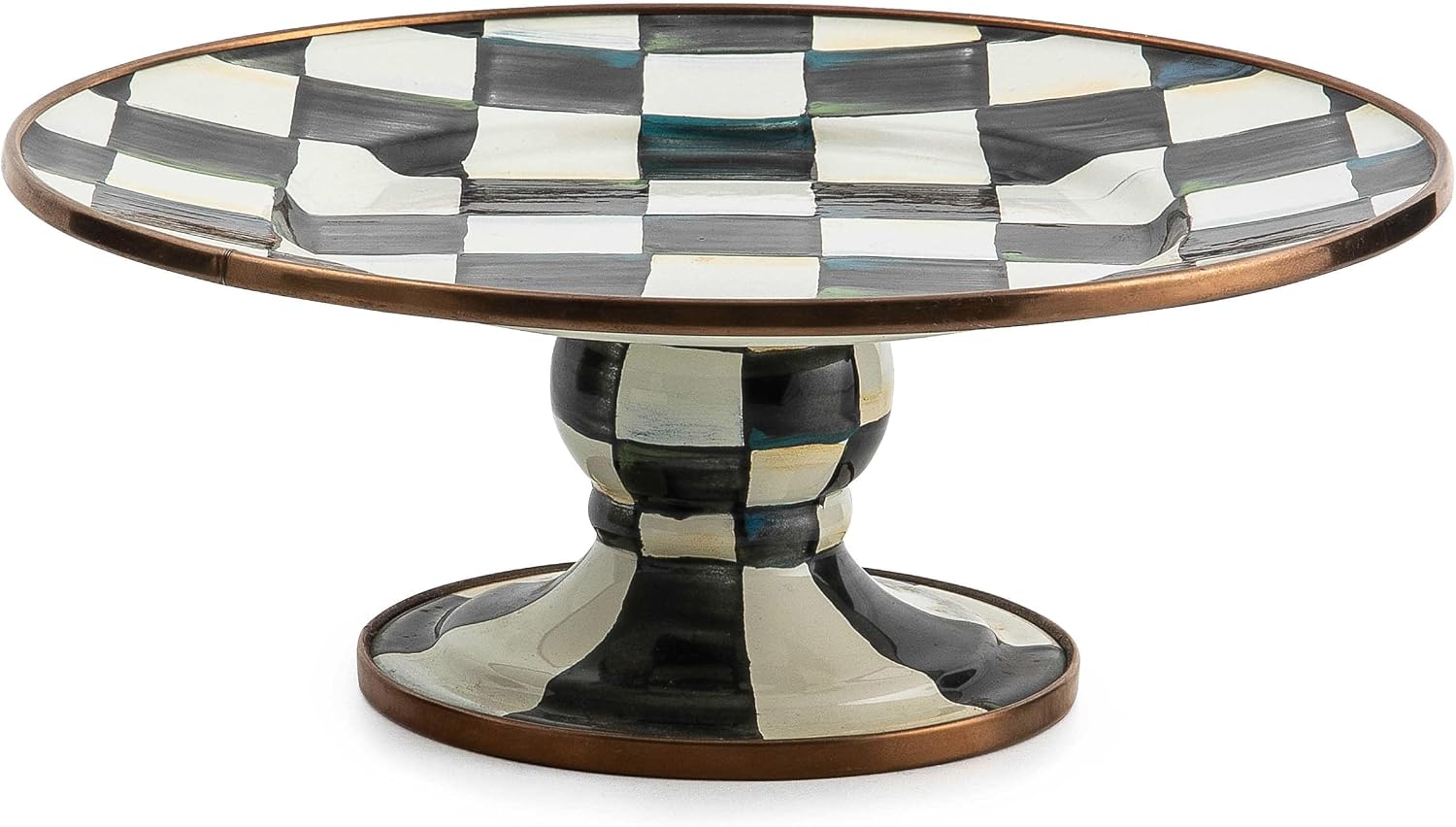 MACKENZIE-CHILDS Pedestal Platter, Mini, Black-and-White Courtly Check | Hand-painted design, made from enameled steel, stackable round cake stand for serving desserts, 8" dia. x 3" H