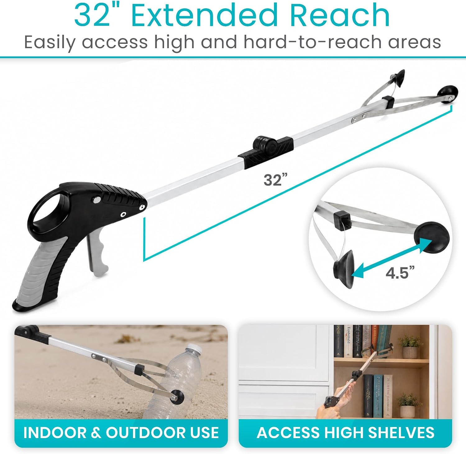Vive Foldable Suction Reacher Grabber Tool for Elderly (1) - 32 Inches Long Reach Grabber Claw - Pick Up Grab Tool - Reachers for Disabled & Seniors
