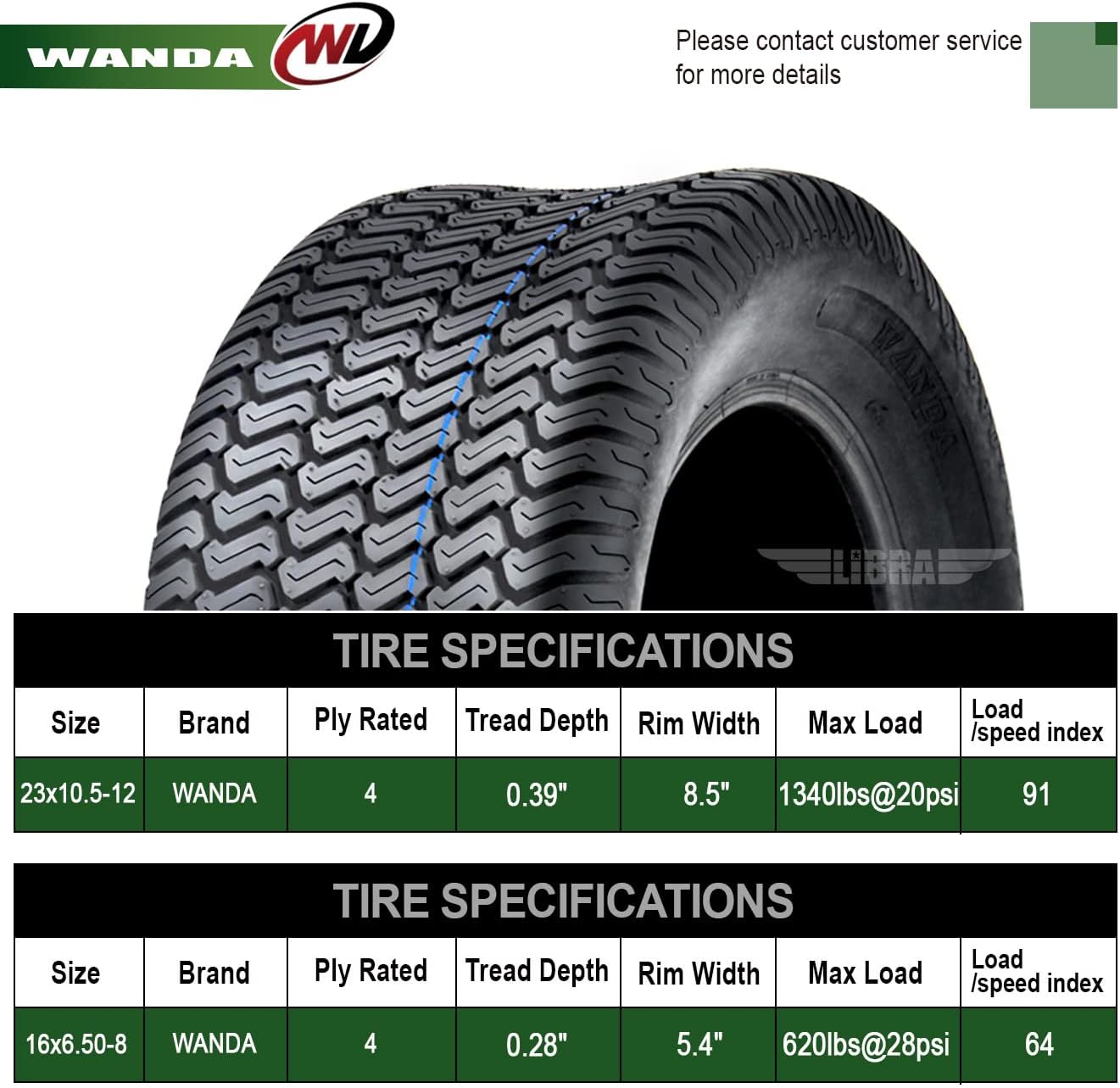 WANDA Set 4 Lawn Mower Turf Tires 16x6.5-8 & 23x10.5-12 /4PR -13019/13049 | Riding Lawn Mover, Garden Tractor