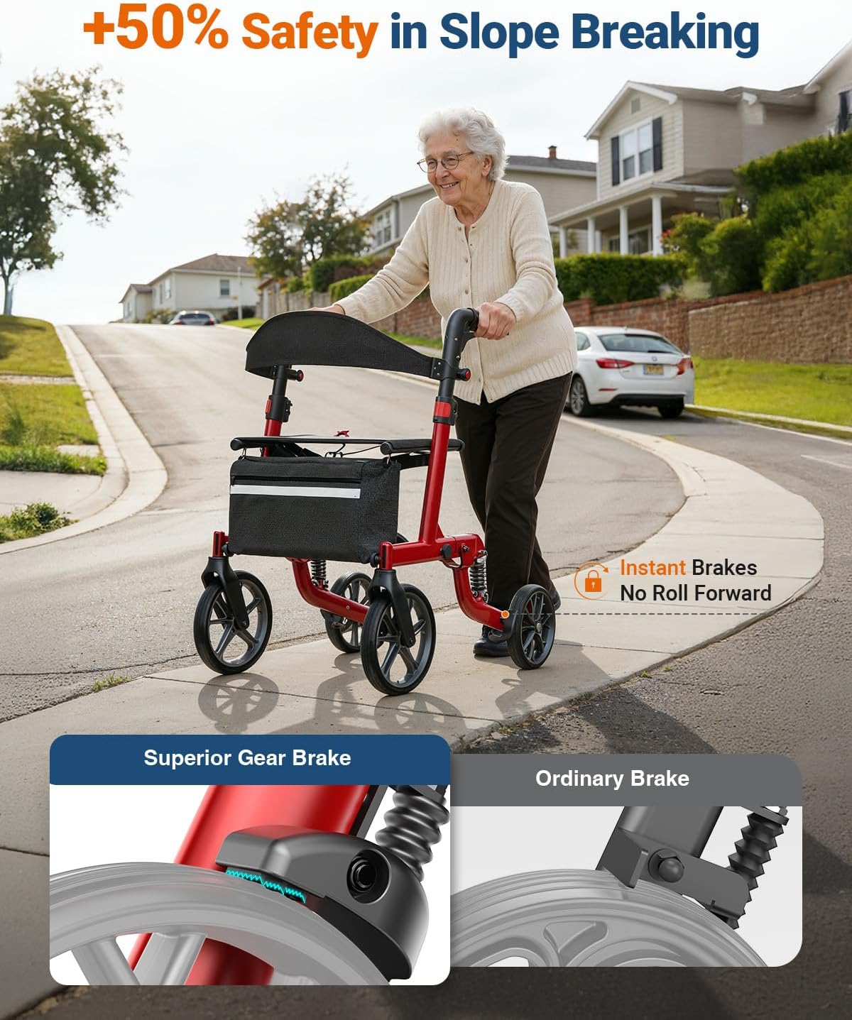 Foldable Rollator Walkers with Seat for Seniors, All Terrain Outdoor（Red | Patented Shock-Absorbing,Tool-Free Adjustment,350 lbs Capacity, 10″ Solid Wheels,16.3lbs Lightweight, Fit 61"-74" Tall User