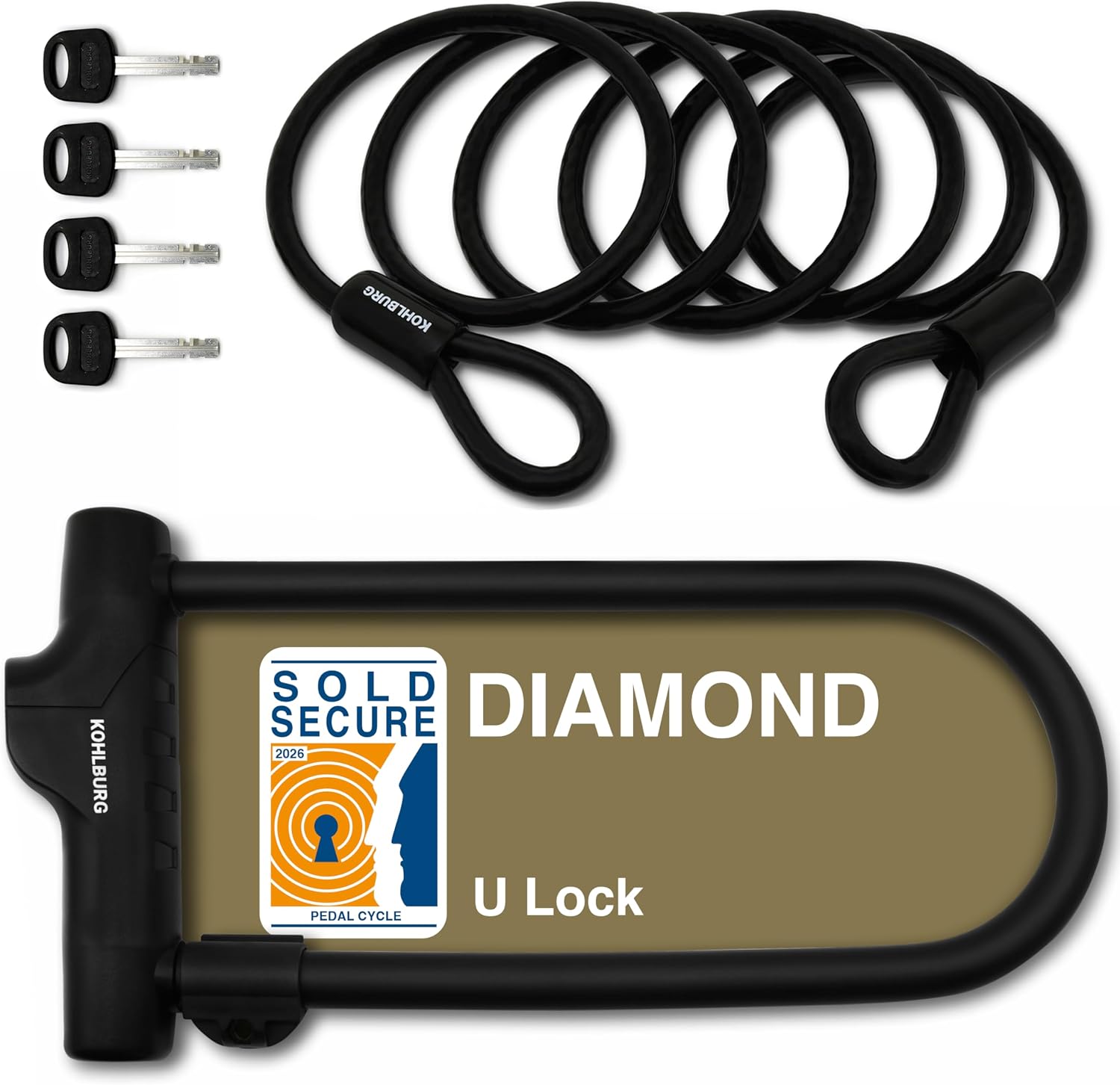KOHLBURG Highest Security U Lock [Sold Secure Diamond] Bike Lock, 4 Keys