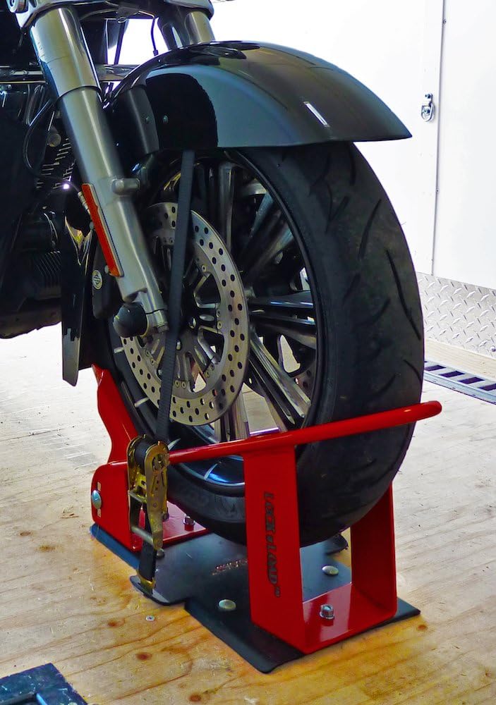 Lock N Load BK1000 Deluxe Motorcycle Wheel Chock with Quick-Release Ratchet & D-Ring System (Orange/Black)