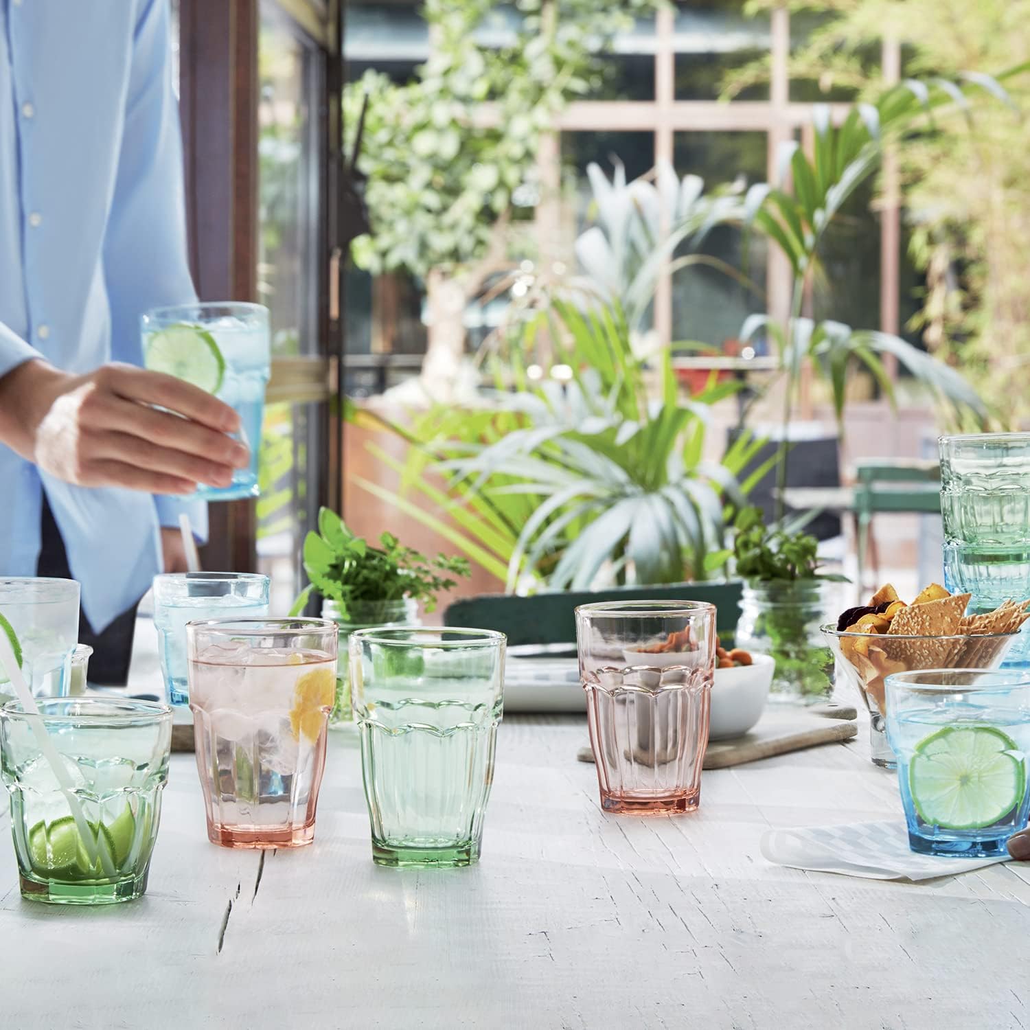 Bormioli Rocco Rock Bar 12.5 oz. Long Drink Stackable Tempered Beverage Glasses for Cold Drinks, Water, and Cocktails, Set of 6, Ice Blue