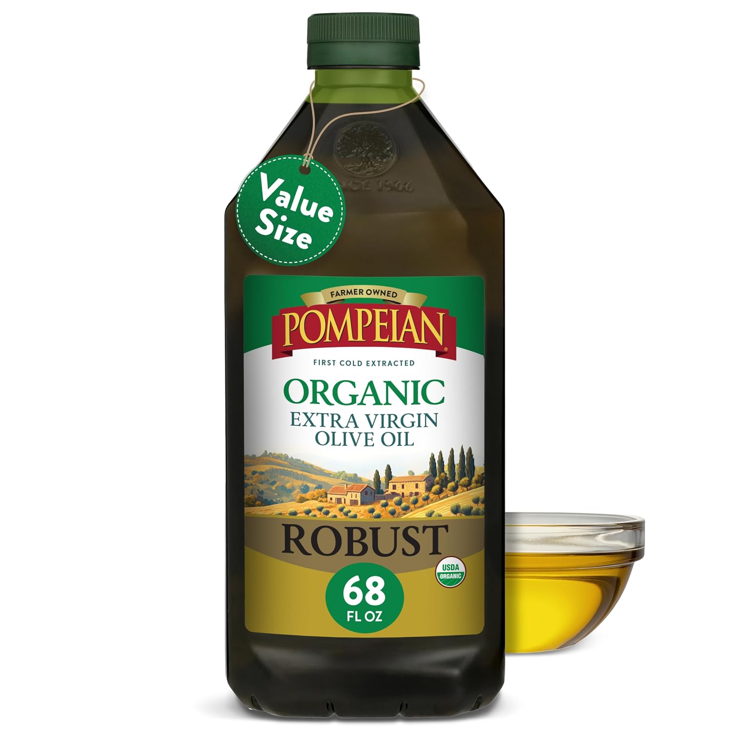 Pompeian Robust Organic Extra Virgin Olive Oil - 16 fl oz | First Cold Pressed Olive Oil for Cooking - Full-Bodied Taste for Dressings and Marinades