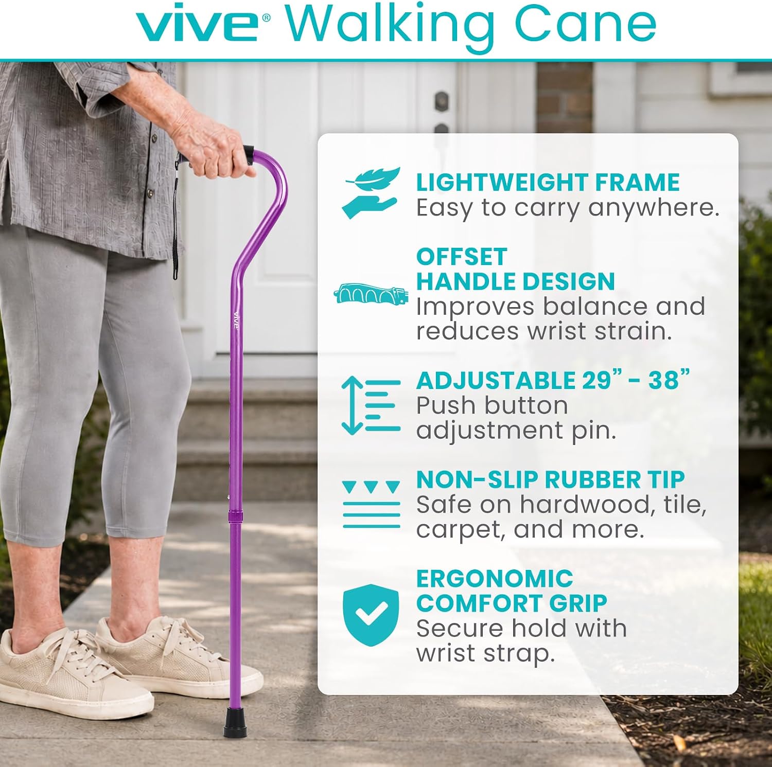 Vive Walking Cane for Women, Men, Elderly - Patented Offset Grip - Lightweight Adjustable Walking Aid with a Non-Slip Tip - Sturdy Balancing Mobility Aid for Seniors