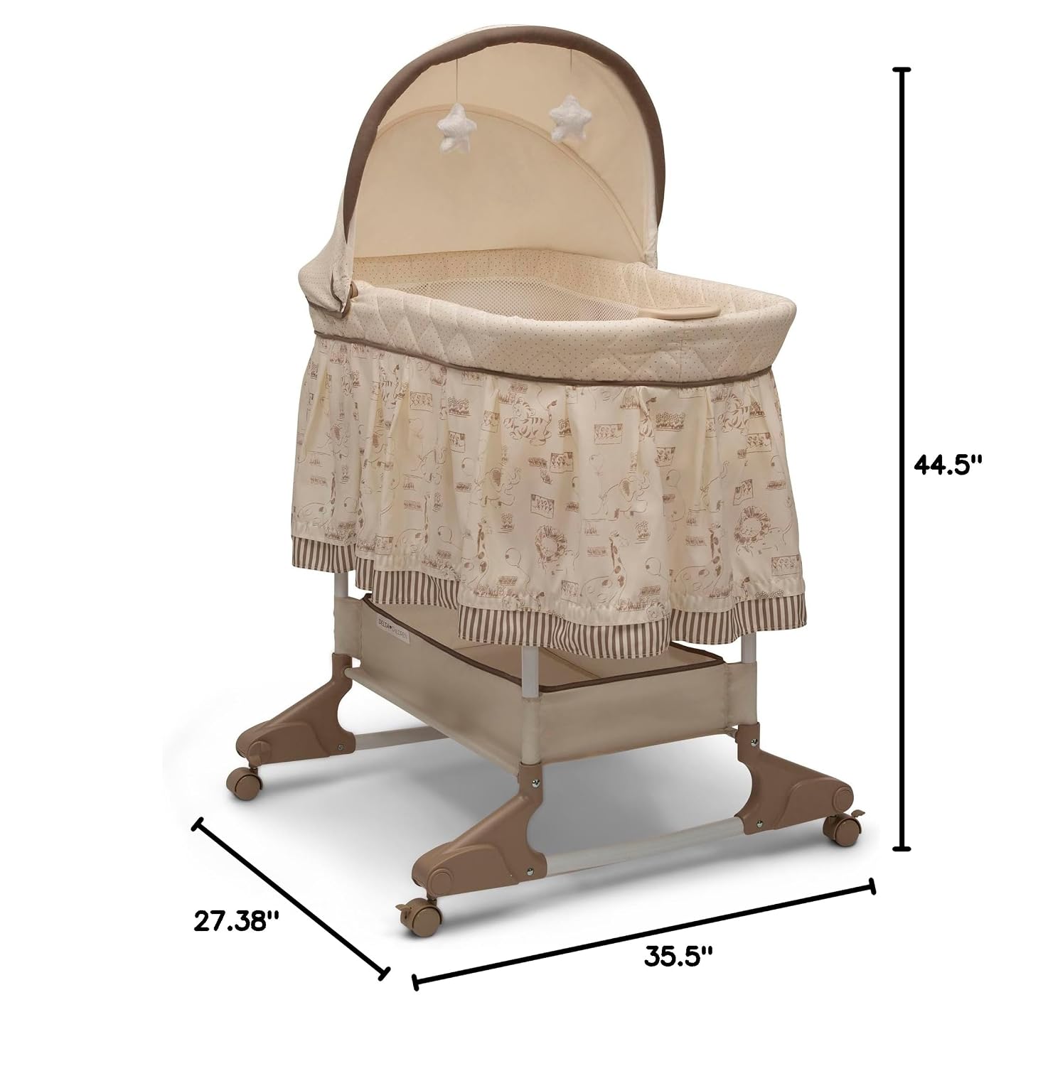 Delta Children Portable Rocking Bassinet for Newborns Bedside Sleeper Crib with Gentle Vibrations, Nightlight, Soothing Music, Adjustable Canopy