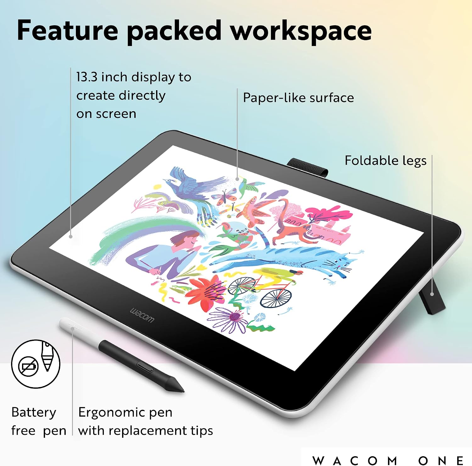 Wacom One HD Creative Pen Display, Drawing Tablet with Screen, 13.3" Graphics Monitor, Works with Mac, PC & Chromebook, Photo/Video Editing