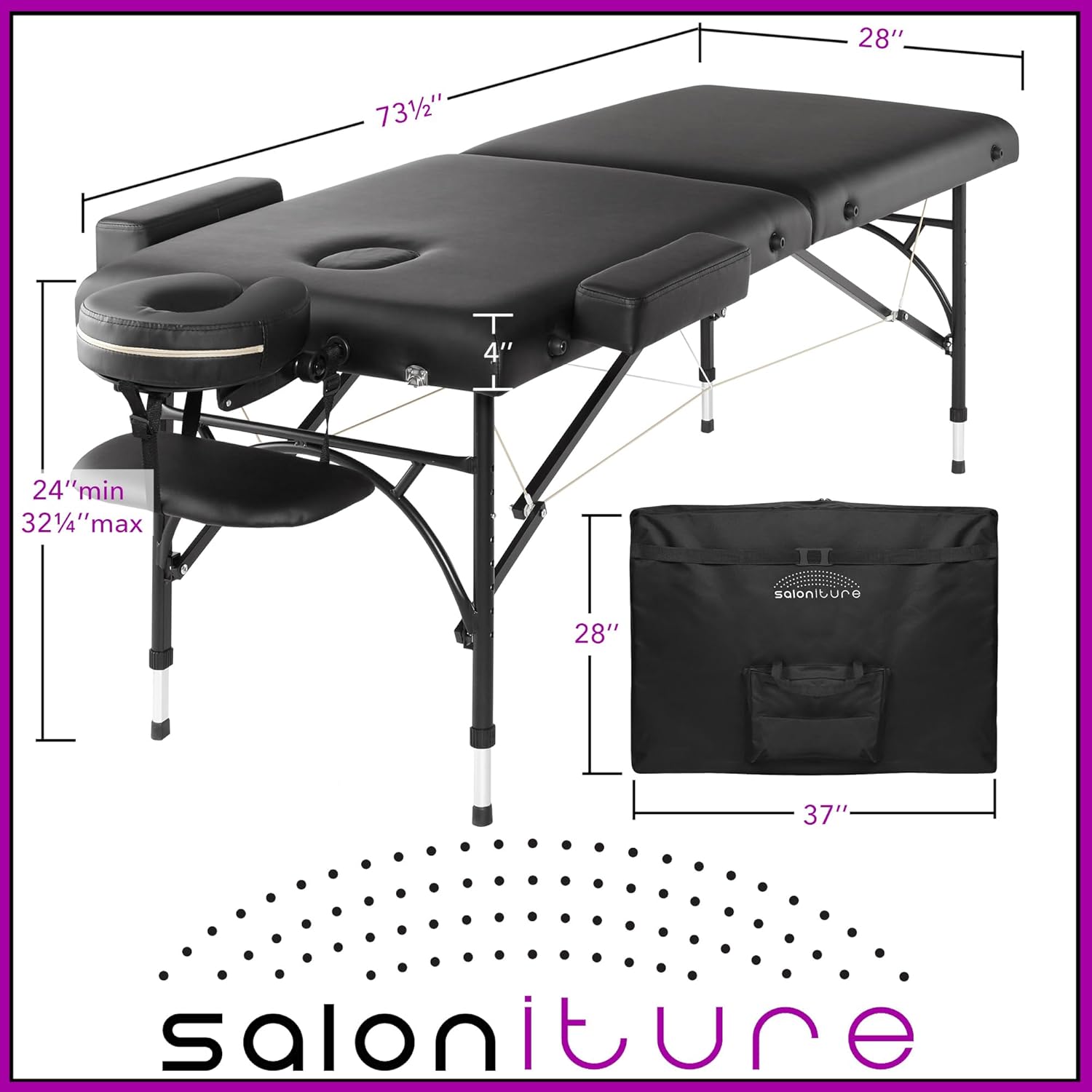 Saloniture Professional Portable Lightweight Bi-Fold Massage Table with Aluminum Legs - Includes Headrest, Face Cradle