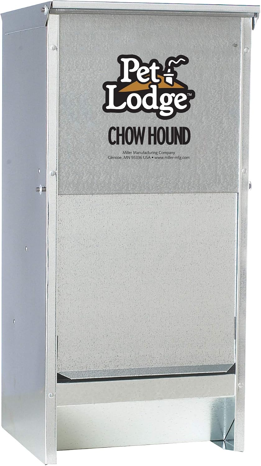Pet Lodge® Automatic Dog Feeder | Chow Hound Outdoor Pet Feeder | Tough Galvanized Steel | Made in USA (25 lb) | Easy Access Magnetized Door and Angled Chute for Dogs, Silver, 1 Pack