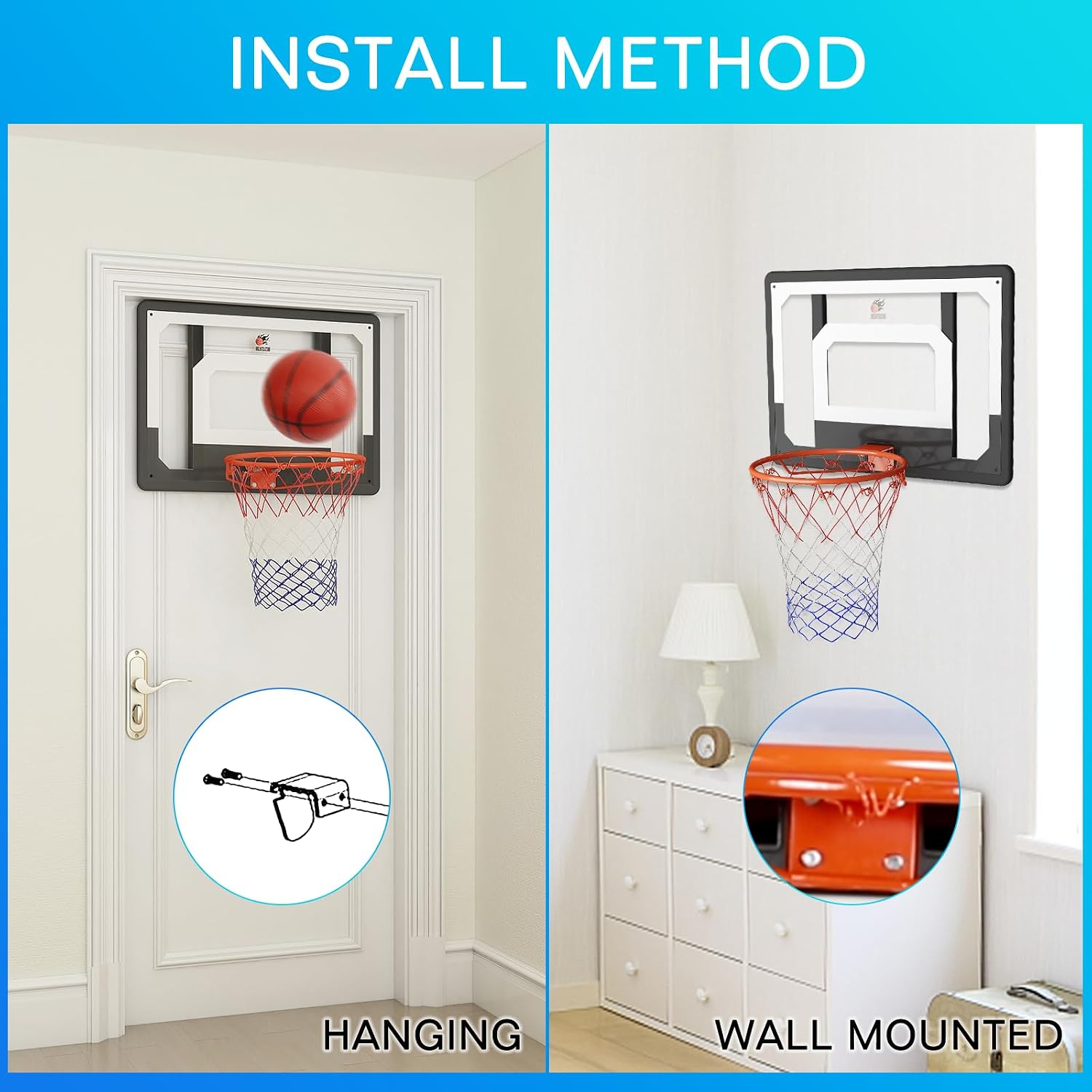 Large Wall Mount Basketball Hoop Set with Door Hooks, 32" x 23" Backboard, Spring Rim, Indoor Outdoor Basketball Practice Equipment for Adults
