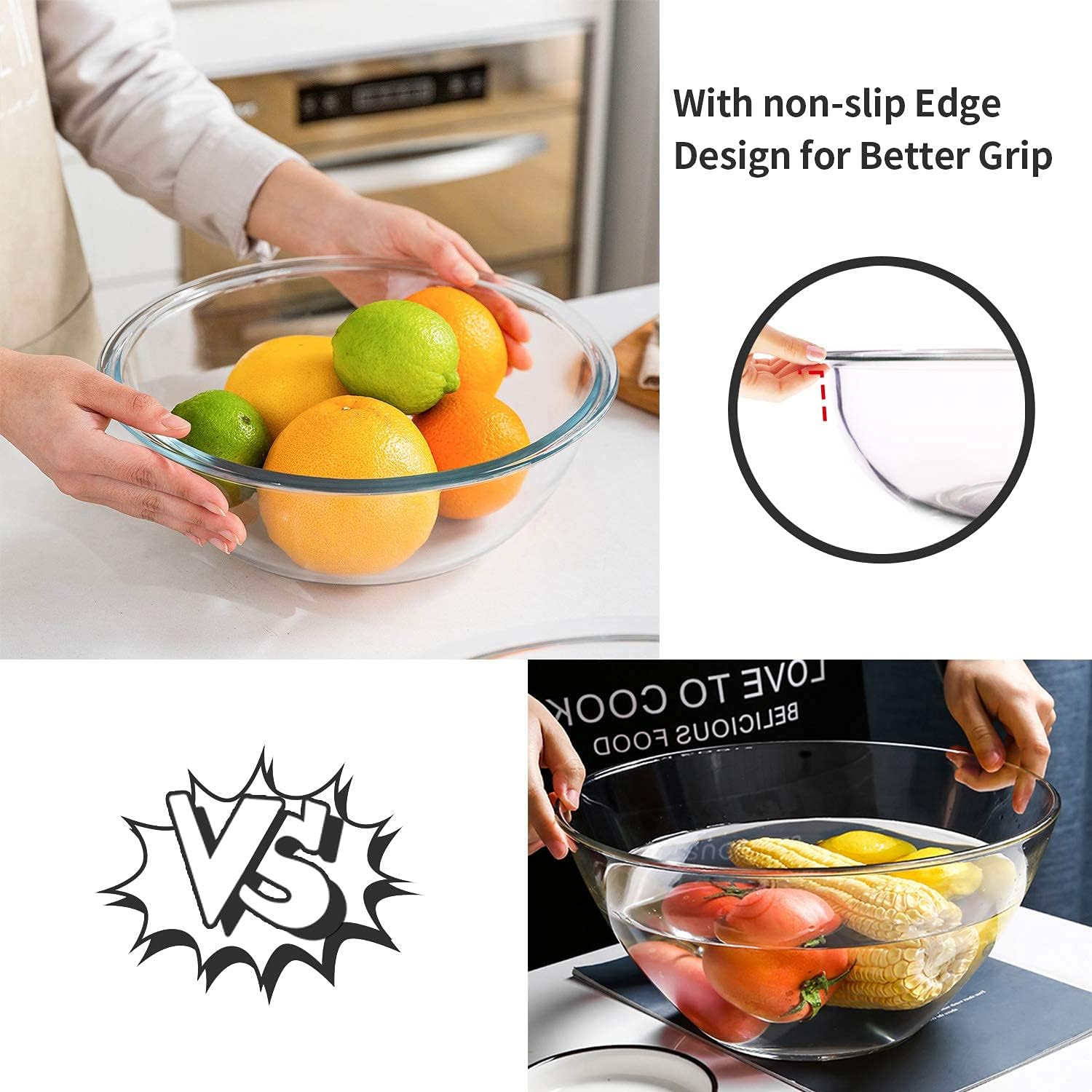 Luvan Glass Mixing Bowls with Lids Set(4.5QT, 2.7QT, 1.1QT)-Large Glass Mixing Bowls, Clear Salad Bowl for Baking, Cooking, Serving, Food Prep, 3PC Nesting Bowls for Kitchen Storage & Dishwasher Safe