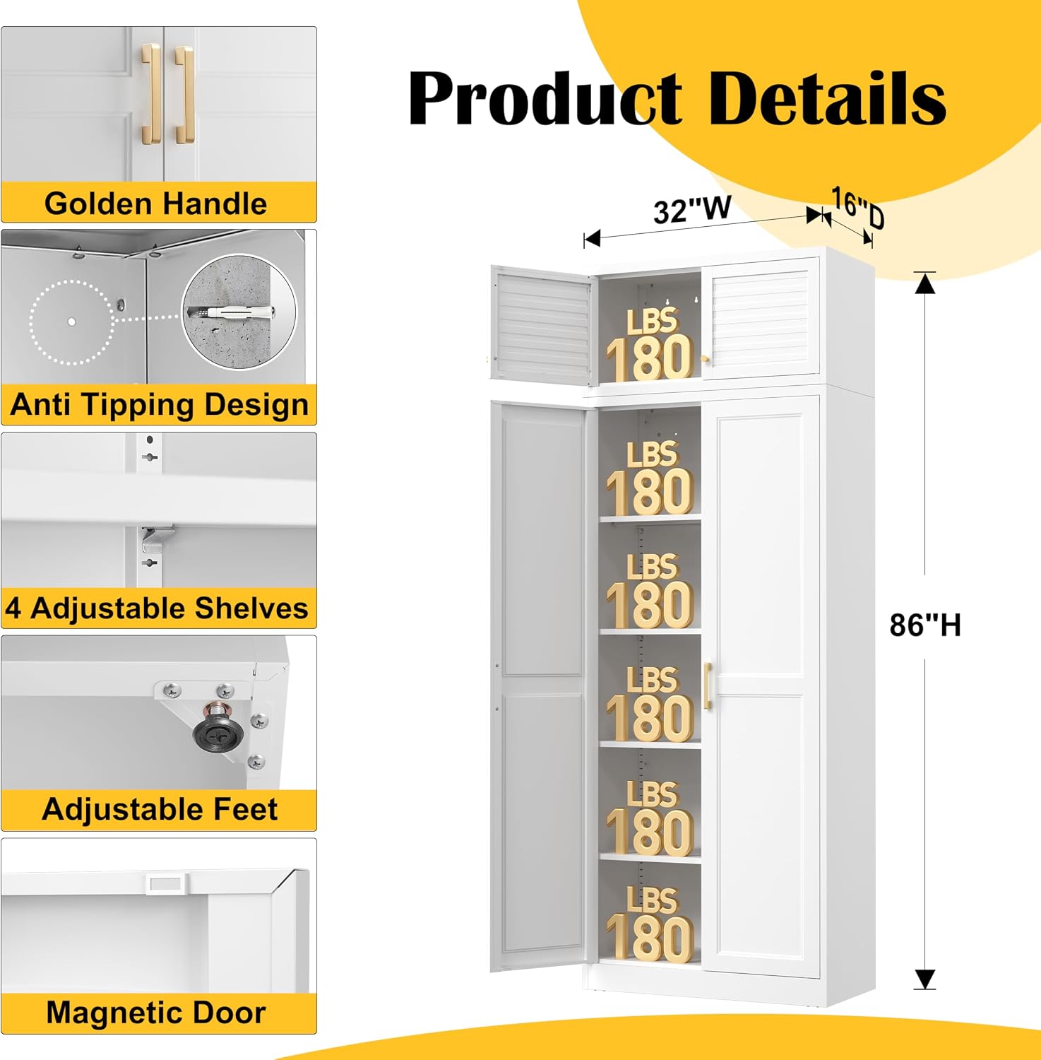 Steeloong 71"Metal Pantry Storage Cabinet with Doors & 4 Adjustable Shelves | Kitchen Pantry Cabinet,White Kitchen Cabinet with 2 Gold Handles,Tall Cabinet for Livingroom,Pantry, Bathroom,Kitchen