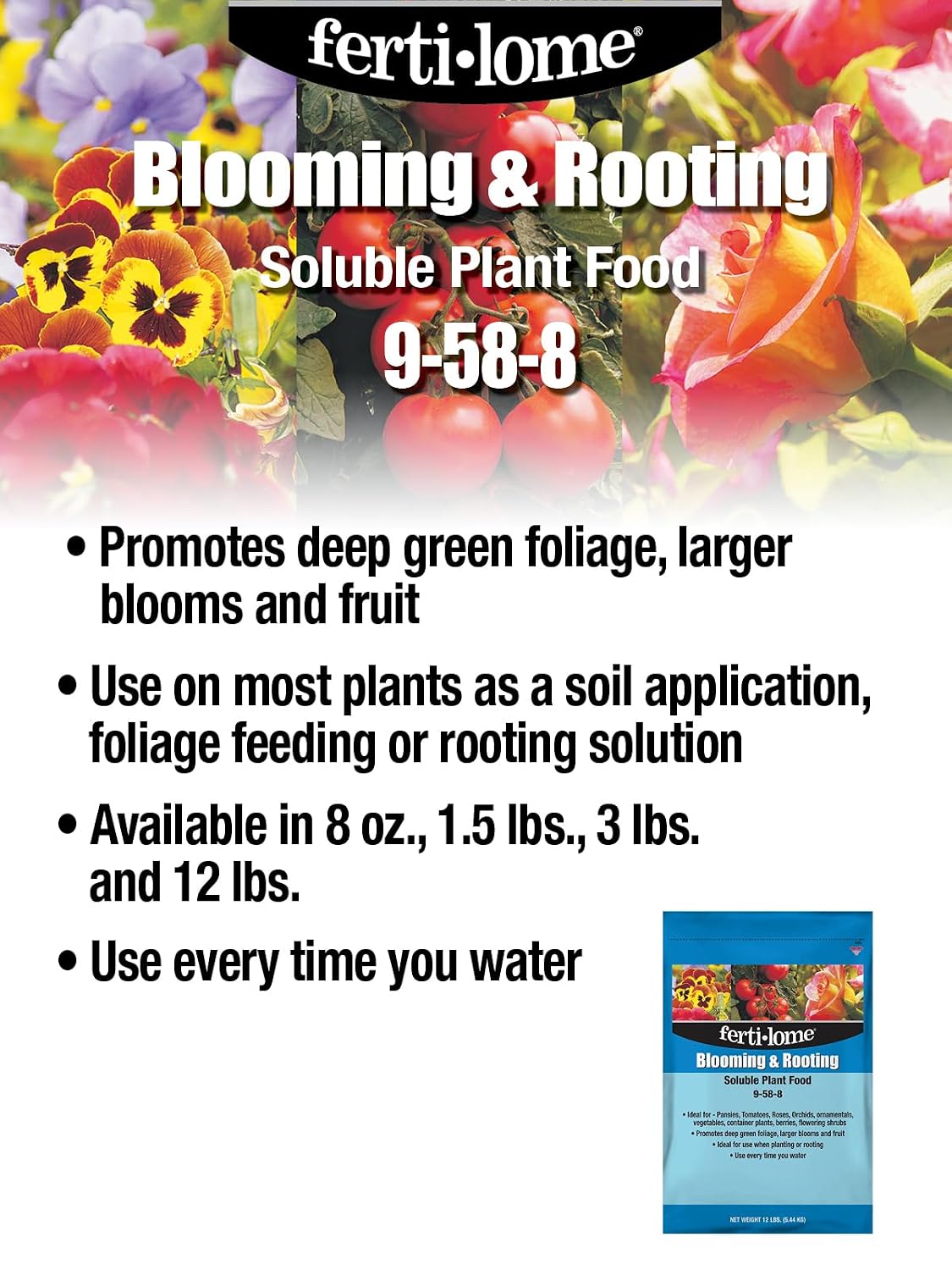Fertilome (11772) Blooming & Rooting Plant Food 9-58-8, 3 lbs | 9-58-8 high-phosphorus soluble - Promotes blooms & roots on orchids, roses, tomatoes - Home gardeners