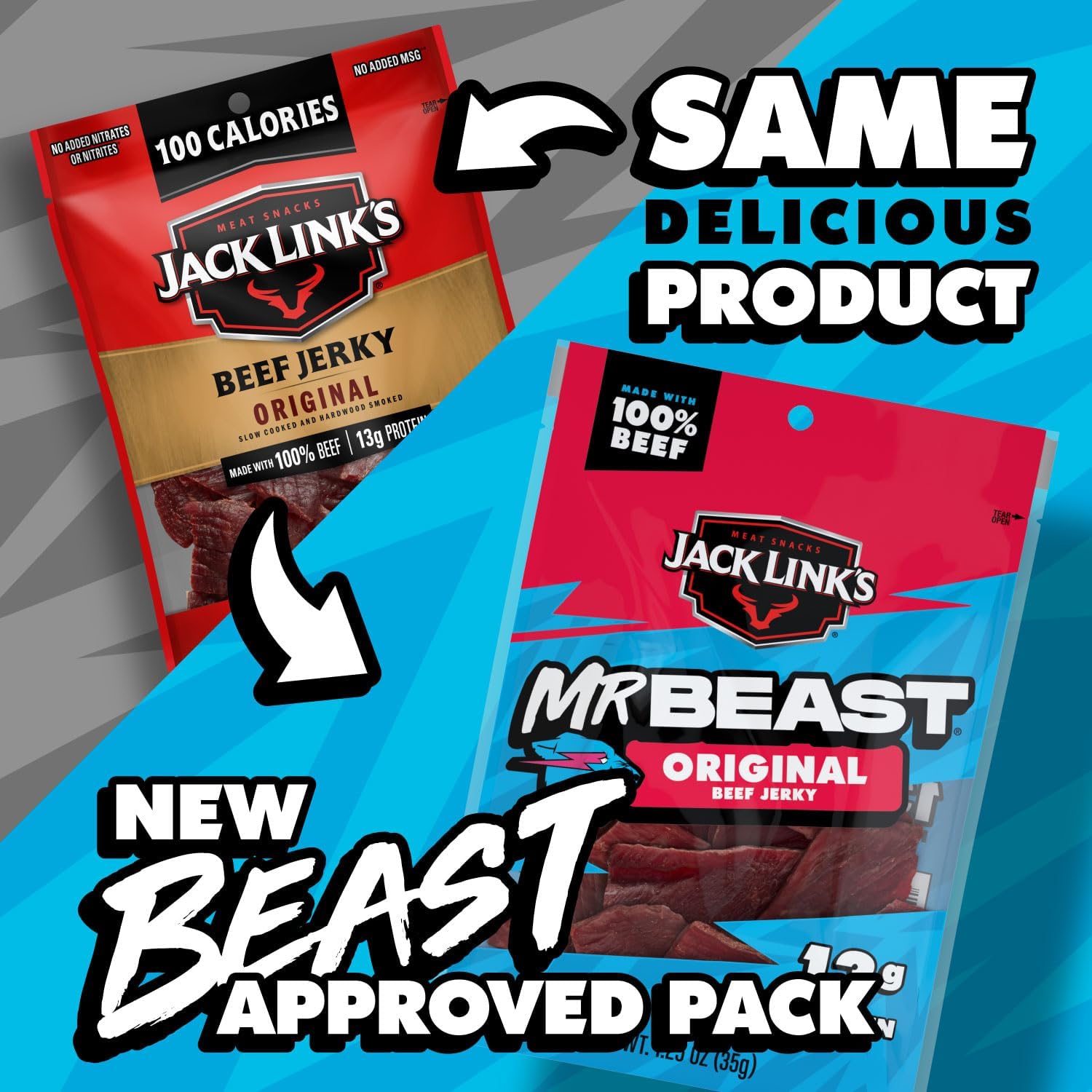 Jack Link's MrBeast Beef Jerky, Peppered Beef Jerky - 10 Count | As Seen on Beast Games, 11g Protein, Made with 100% Real Beef, Pantry-Ready Snacks