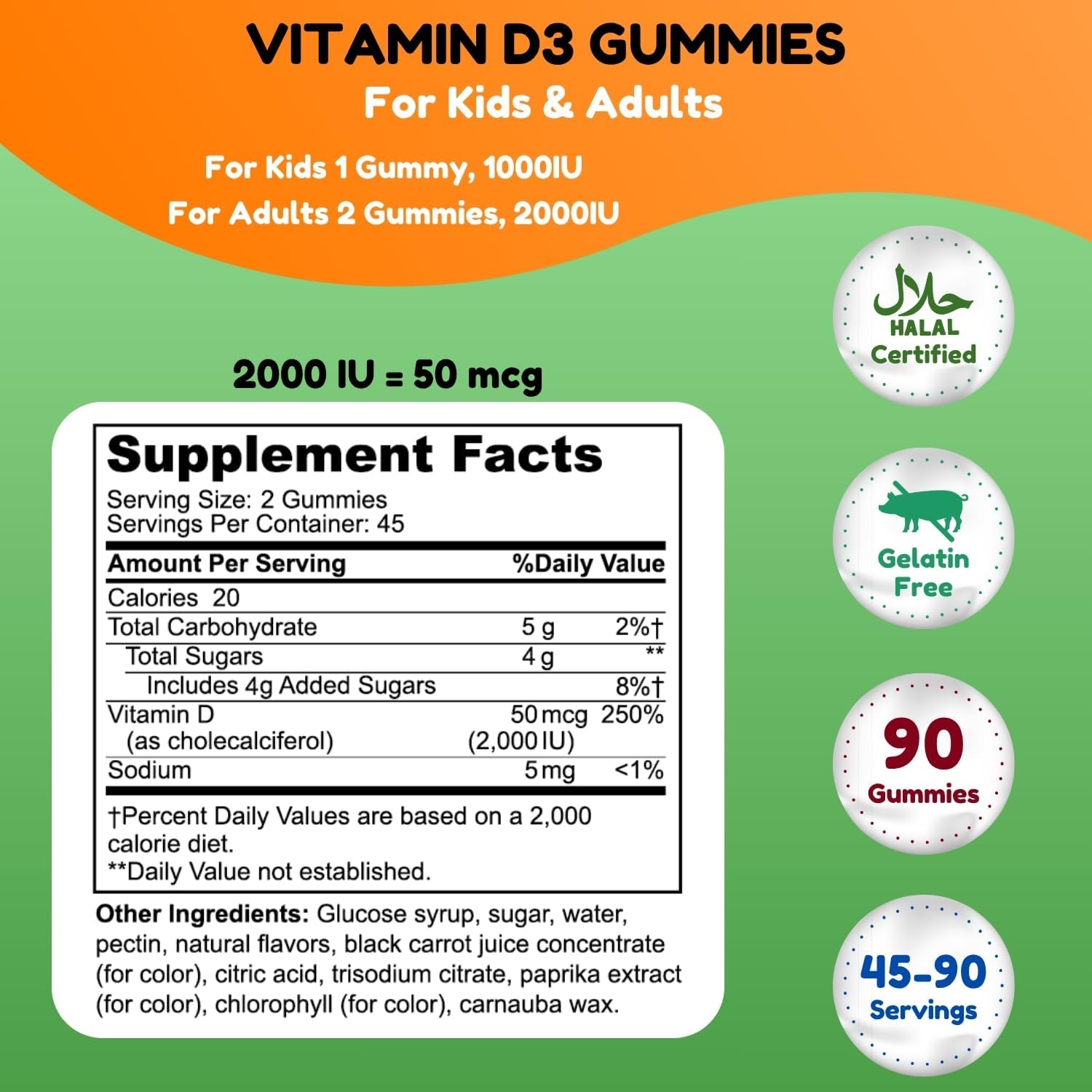 SHIFAA NUTRITION Vegetarian Vitamin D3 Gummies for Adults & Kids | 45-90 Servings, 2, 000IU / 1, 000IU | Non-GMO, Gluten-Free