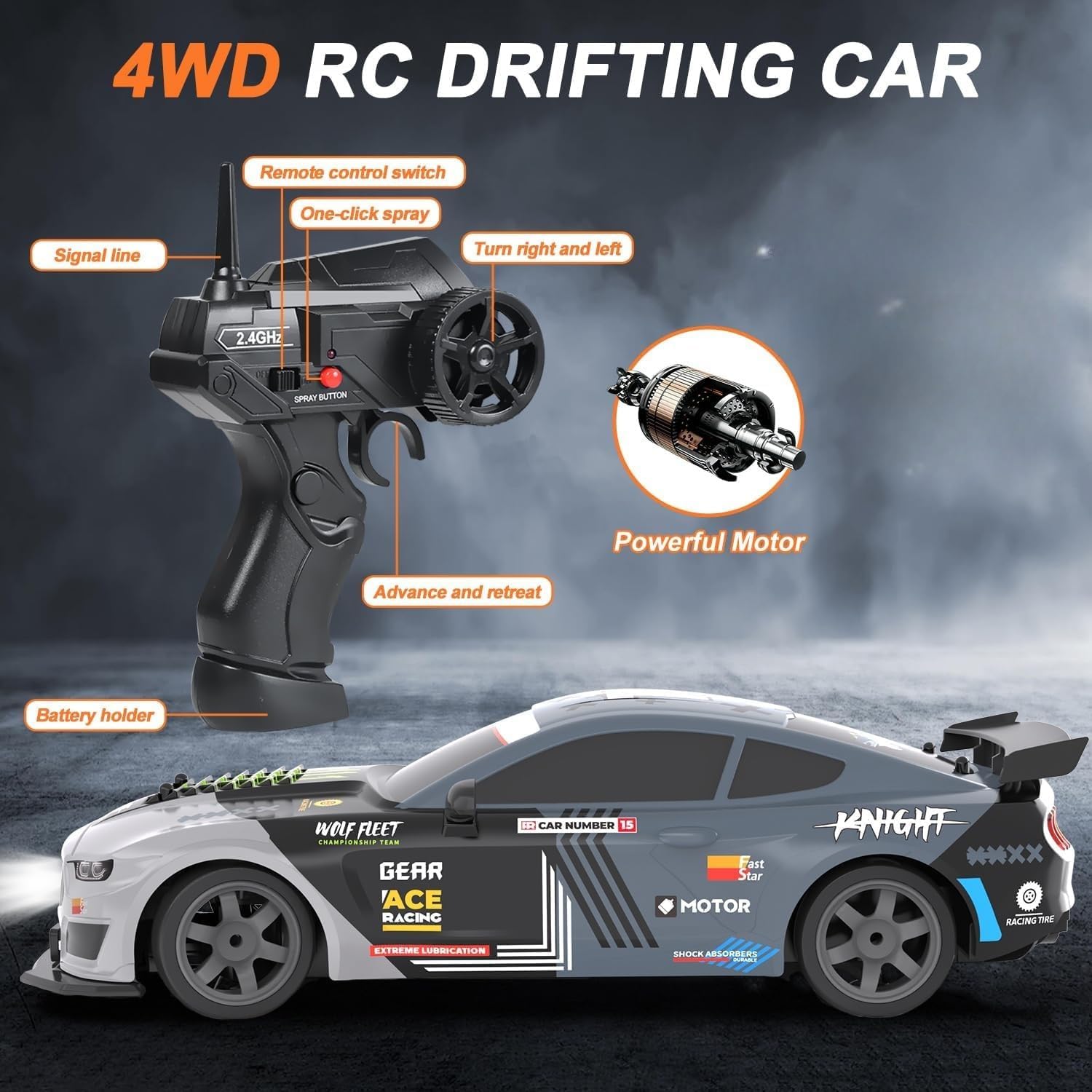 Dollox RC Drift Car 1/16 Scale Remote Control Car 2.4GHz 4WD High Speed 18+KM/H Race Car with LED Light and Spray, Extra Drifting Tires Racing Vehicle Toy Birthday Gifts for Adults Boys, 2 Batteries