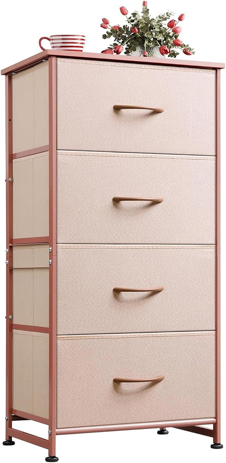 WLIVE Small Dresser Nightstand for Bedroom, 4 Drawers, Light Grey | 4 vertical fabric drawers, Space-saving tower, Bedroom or closet use, Chest of drawers, Dresser for small spaces