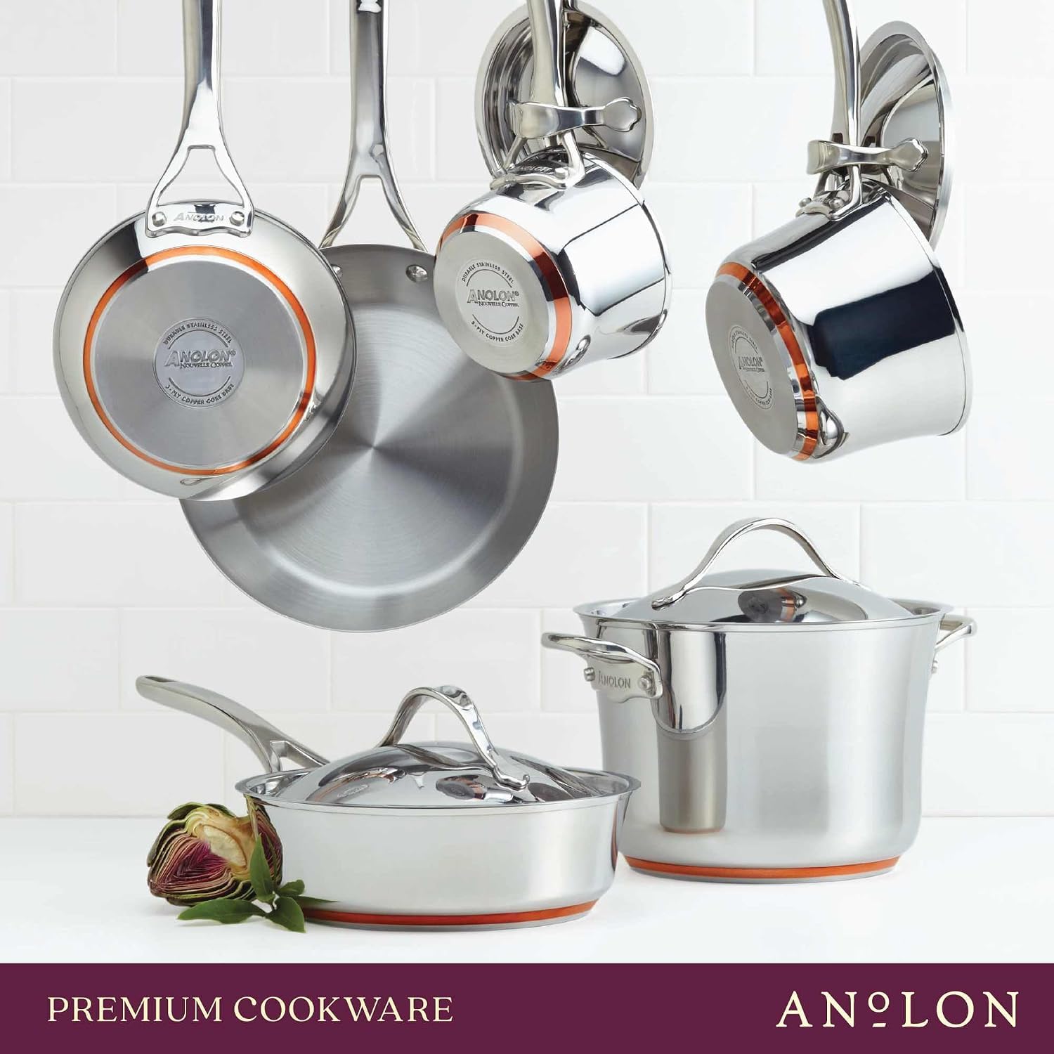 Anolon Nouvelle Stainless Steel Cookware Pots and Pans Set, 10 Piece | Stainless Steel Cookware Set with Lids, Oven Safe to 500°F, Durable Everyday Cooking, Dishwasher Safe