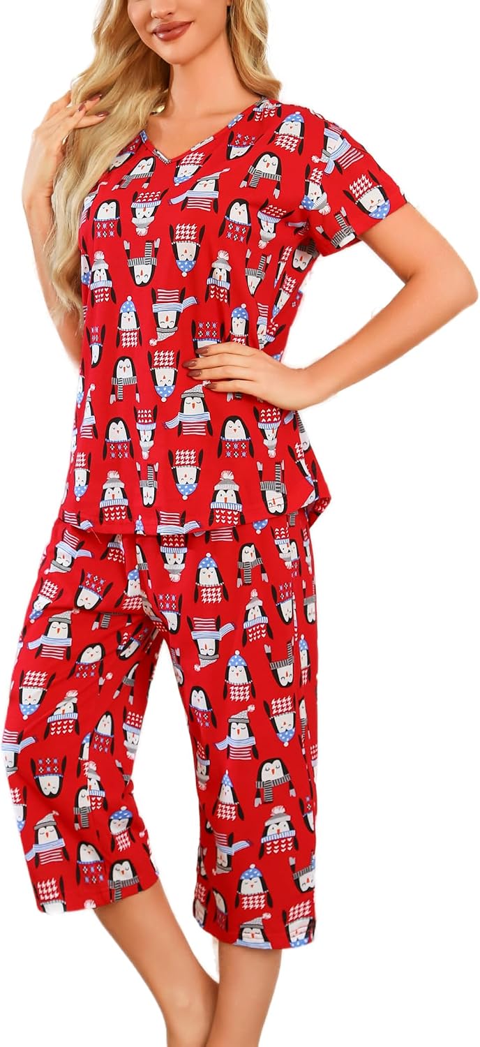 ENJOYNIGHT Womens Pajama Set Cotton Summer Pj Top with Capri Pant Sleepwear