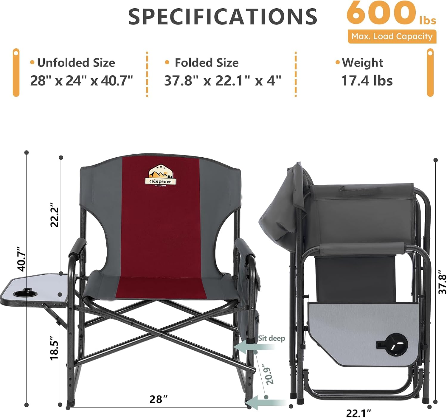 Colegence Oversized Directors Camping Chair for Adults, 600 lb, Black | Heavy duty folding outdoor chair with 28" wide seat, supportive back, side table, cup holder and detachable storage pocket