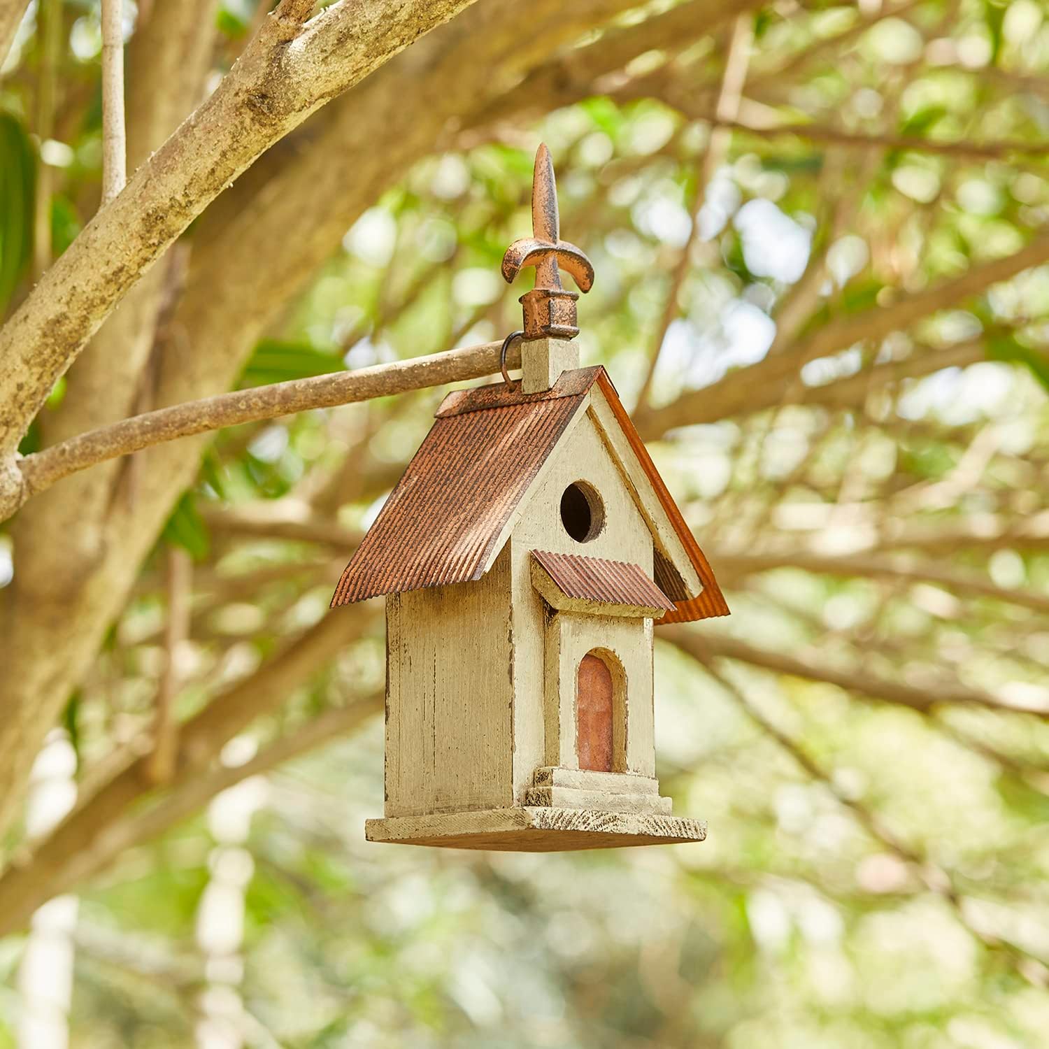 Glitzhome 14" H Hanging Distressed Wooden Church Birdhouse Garden Decor