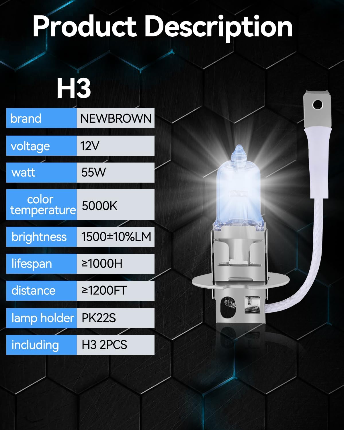 NEWBROWN H11 Headlight Bulb Halogen 5000K Super White Light Long Life Replacement PGJ19-2 12V/55W (H11, 2 Pack)
